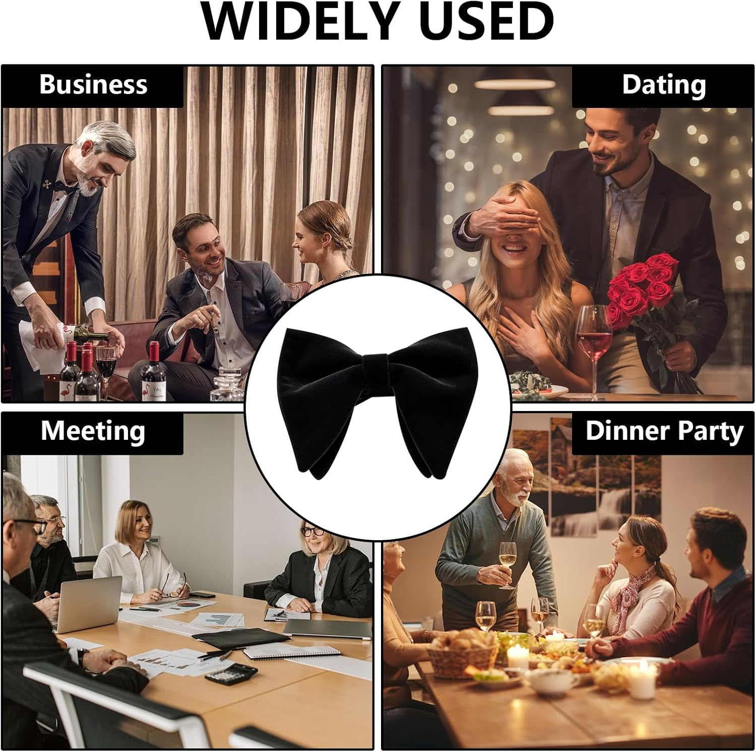 Domicubes Mens Velvet Bow Tie, Oversized Solid Color Pre-Tied Bow Tie Adjustable Formal Tuxedo Butterfly Big Bowtie for Birthday Groom Wedding Party Formal