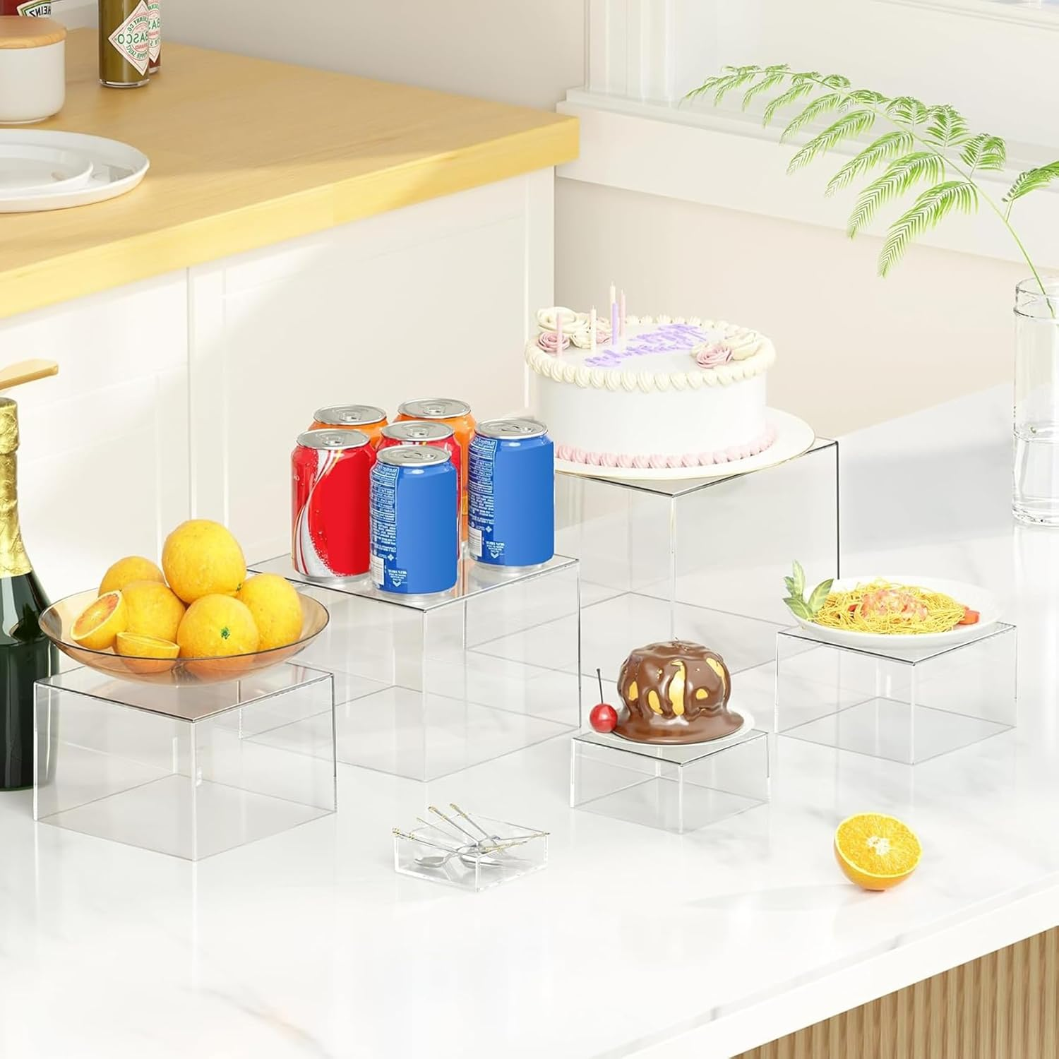 6Pcs Acrylic Boxes for Display Buffet Food Risers and Stands, Display Table Stand Shelf with Hollow Bottoms for Party Catering Dessert Jewelry Collectibles, Clear image number 3