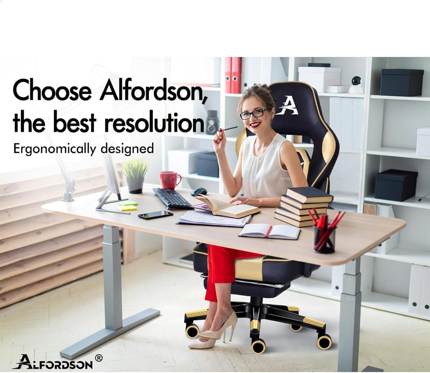 ALFORDSON Gordon Gold Video Gaming Chair with 2-Point Massage, Armrest Headrest, PU Leather Racing Sport Chair with Footrest, High Back Home Executive Office Study Seater - Blue image number 7