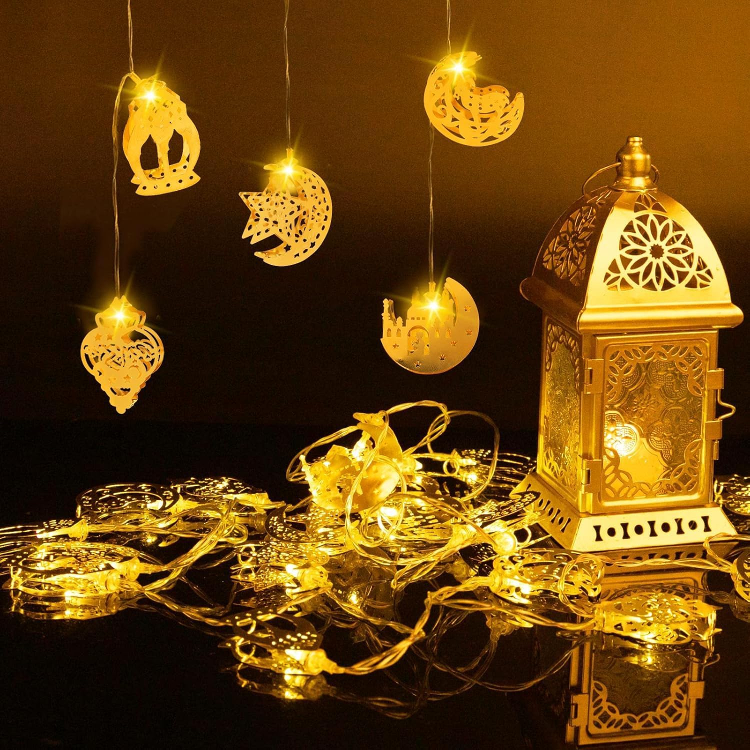 Ramadan Light Decorations, Battery Operated 20 LED EID Mubarak Lights, Bronze Metal Moon Star Lantern String Lights for Home, Mantle, Window, Tree, Bedroom, Classroom Decor image number 3