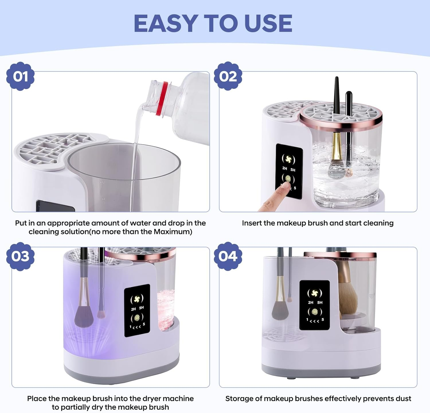 Electric Makeup Brush Cleaner Machine, 3 in 1 Automatic Make up Brush Cleaner with Makeup Brush Dryer,Portable USB Deep Quick Cleaning Tools for All Size Makeup Brush Set,Blush Brush,Sponges image number 4