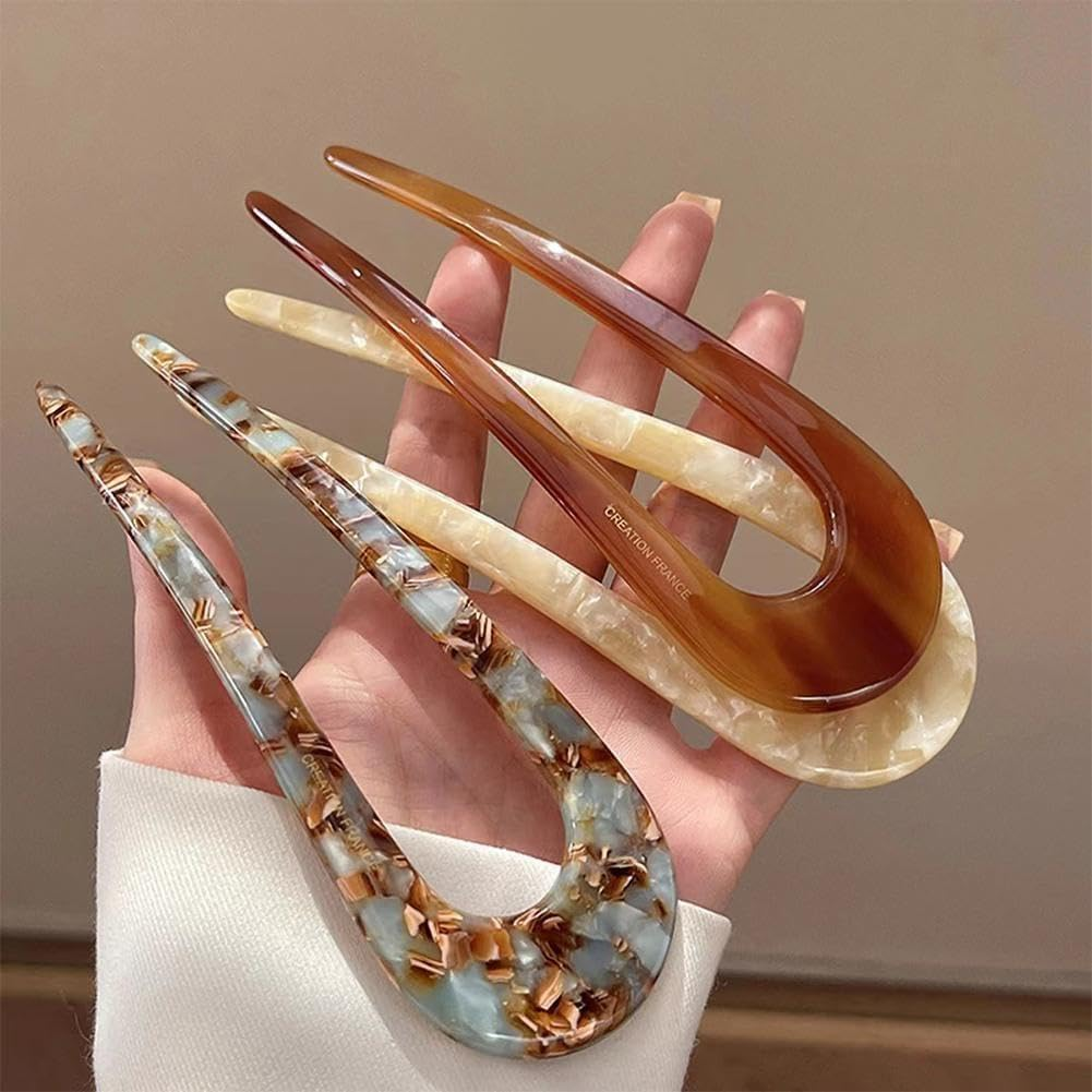 French Cellulose Acetate Hairpins Forks Vintage Print U-Shape Hair Pins Clips Hair Prong Bun Sticks 2 for Women Hair Access - Blue image number 7