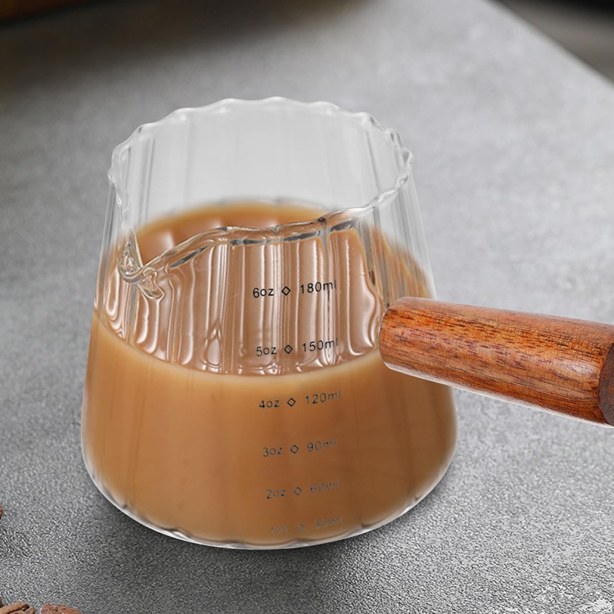 KALLORY 2Pcs Glass Milk Pitcher with Wooden Handle Heat-Resistant Espresso Creamer Cups Multi-Use Glass Coffee Milk Pitchers for Coffee Enthusiasts image number 3