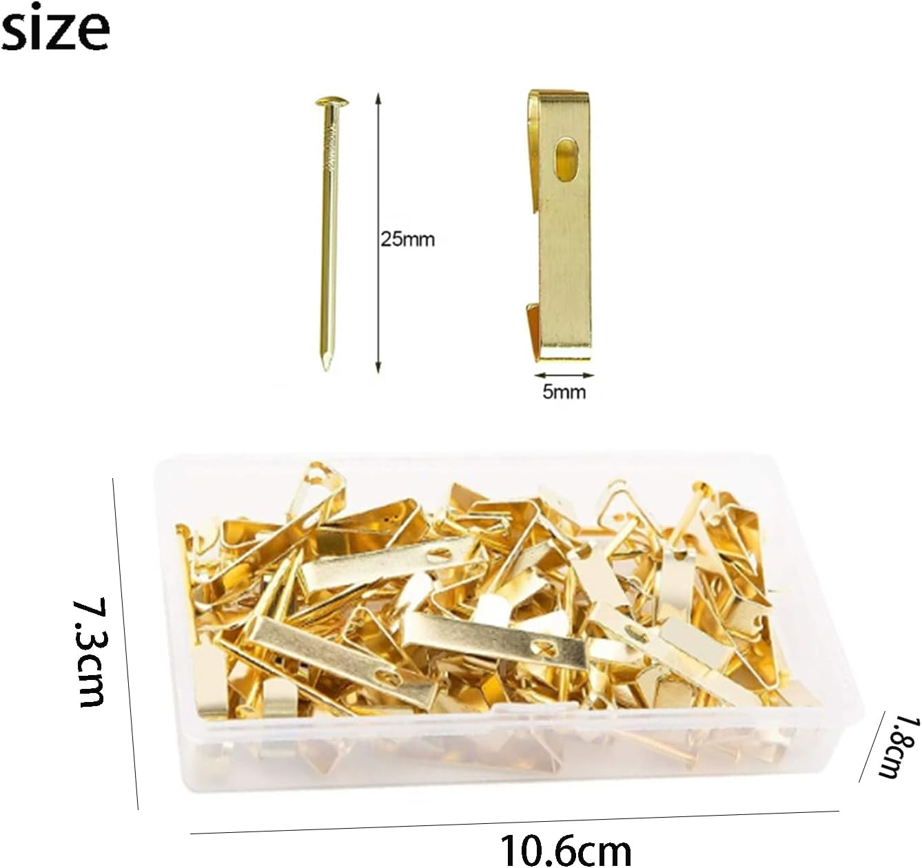 Roczential 50Pcs Picture Hooks for Wall Hanging Kit with Nails 30 Lbs Picture Rail Hooks for Photo Frames, Includes Sawtooth/D Ring/Screw Eyes, Ideal for Drywall Home & Office(Gold) image number 2