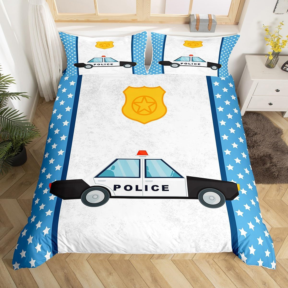 Police Car Children'S Duvet Cover Set, M Size, Stars Cartoon Cute Bedding Set, Boys Girls Women, Cartoon Police Vehicles Comforter Cover, Blue White Fashion Quilt Cover, 1 Pillowcase