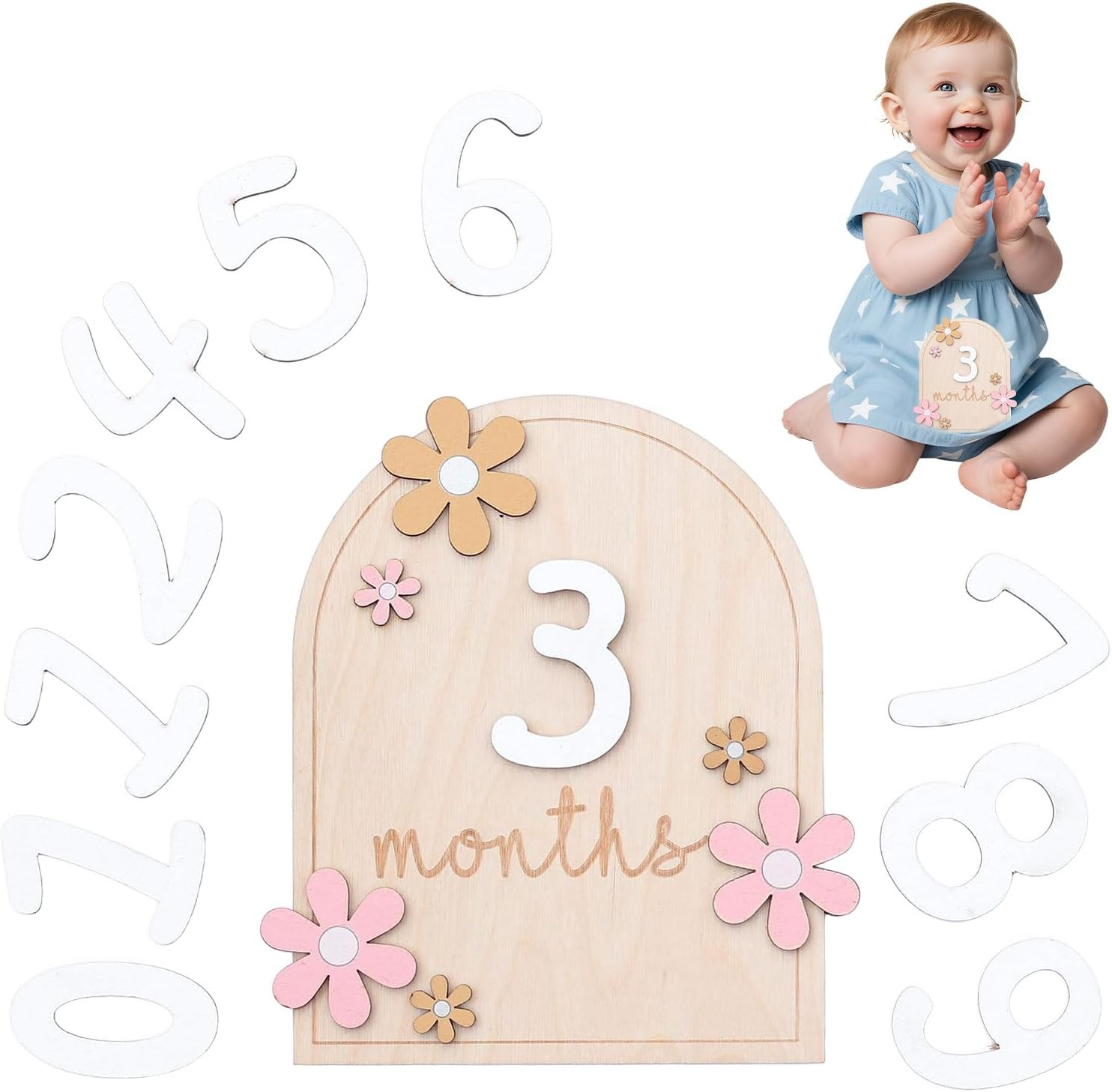 Baby Milestone Cards, Baby Items, Baby Stuff, Monthly Milestone, Monthly Milestone Cards, Wooden Milestonesigns, Interchangeable Number Set of 11 to Document Your Baby'S Growth (Flower) image number 3