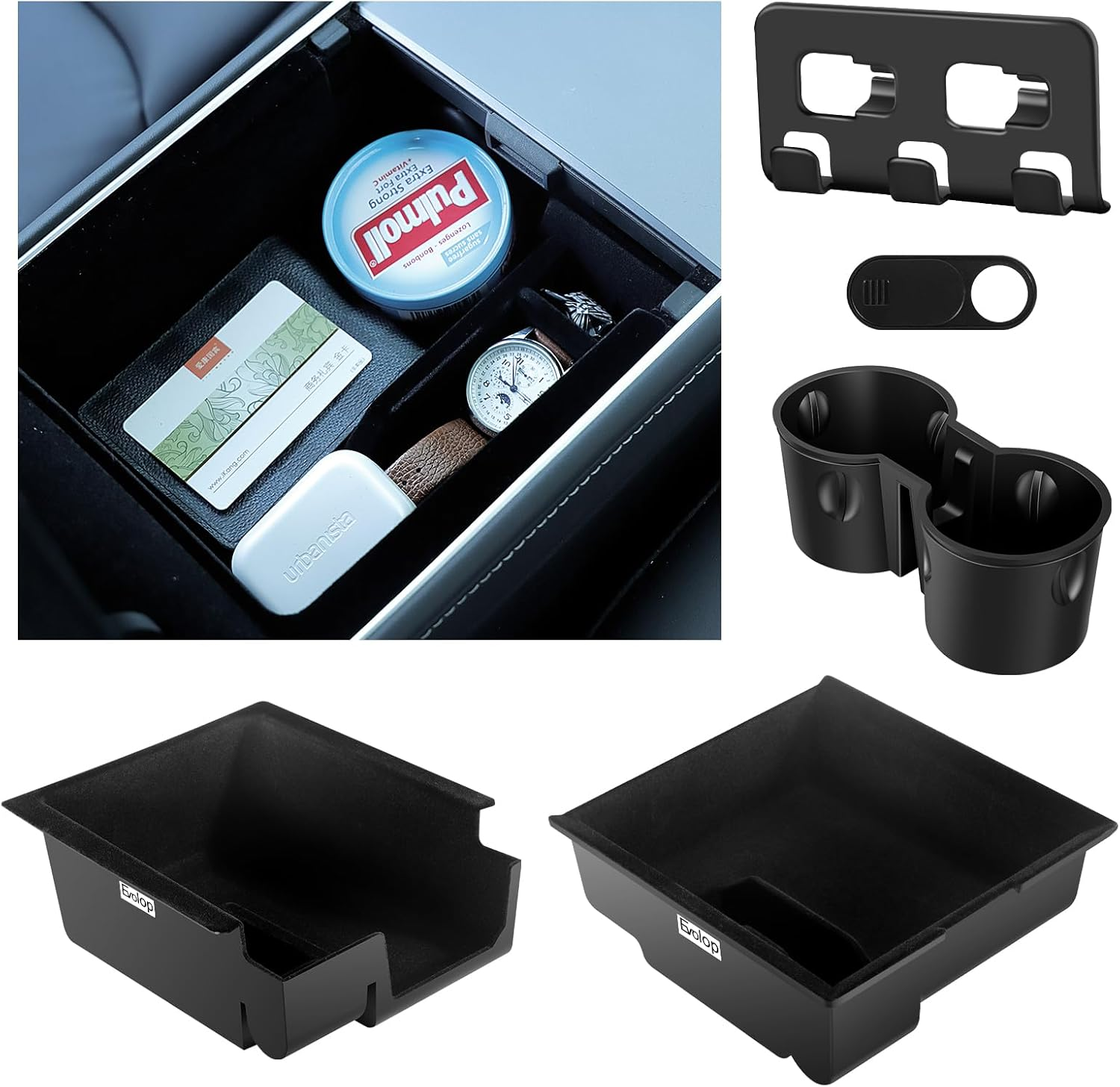 5PCS Center Console Organizer Tray for Tesla Model 3 Y Accessories 2023 with Silicone Cup Holder Insert, Rear Trunk Hook, Camera Cover for Tesla Model 3 Y 2021 2022, Upgrade Flocked Material image number 1