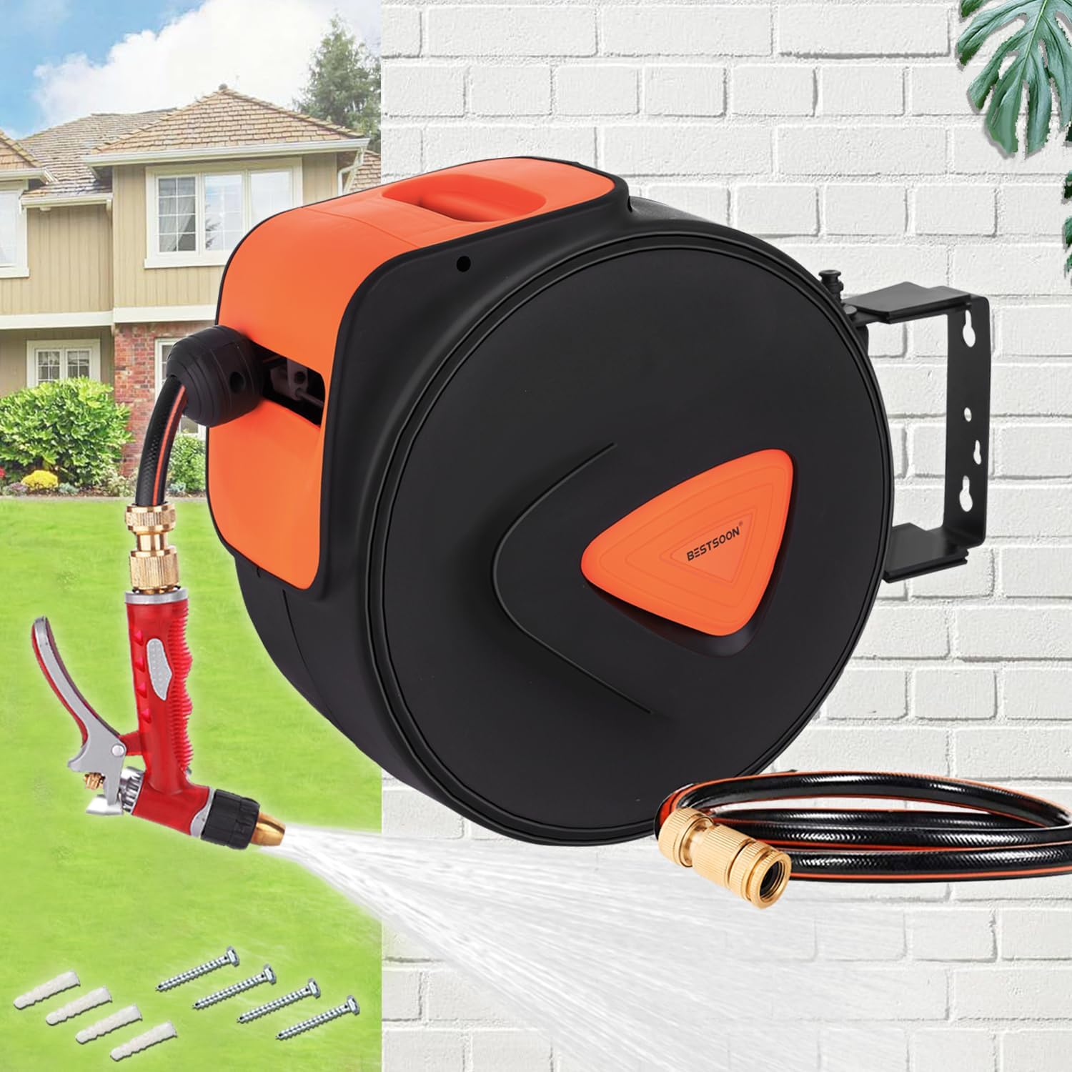 30M Retractable Garden Hose Reel, Heavy Duty Wall Mounted Water Hose Reel with High-Pressure Brass Spray Nozzle, Any Length Lock, Auto-Rewind, 180&deg; Swivel Bracket, for Watering and Cleaning image number 5