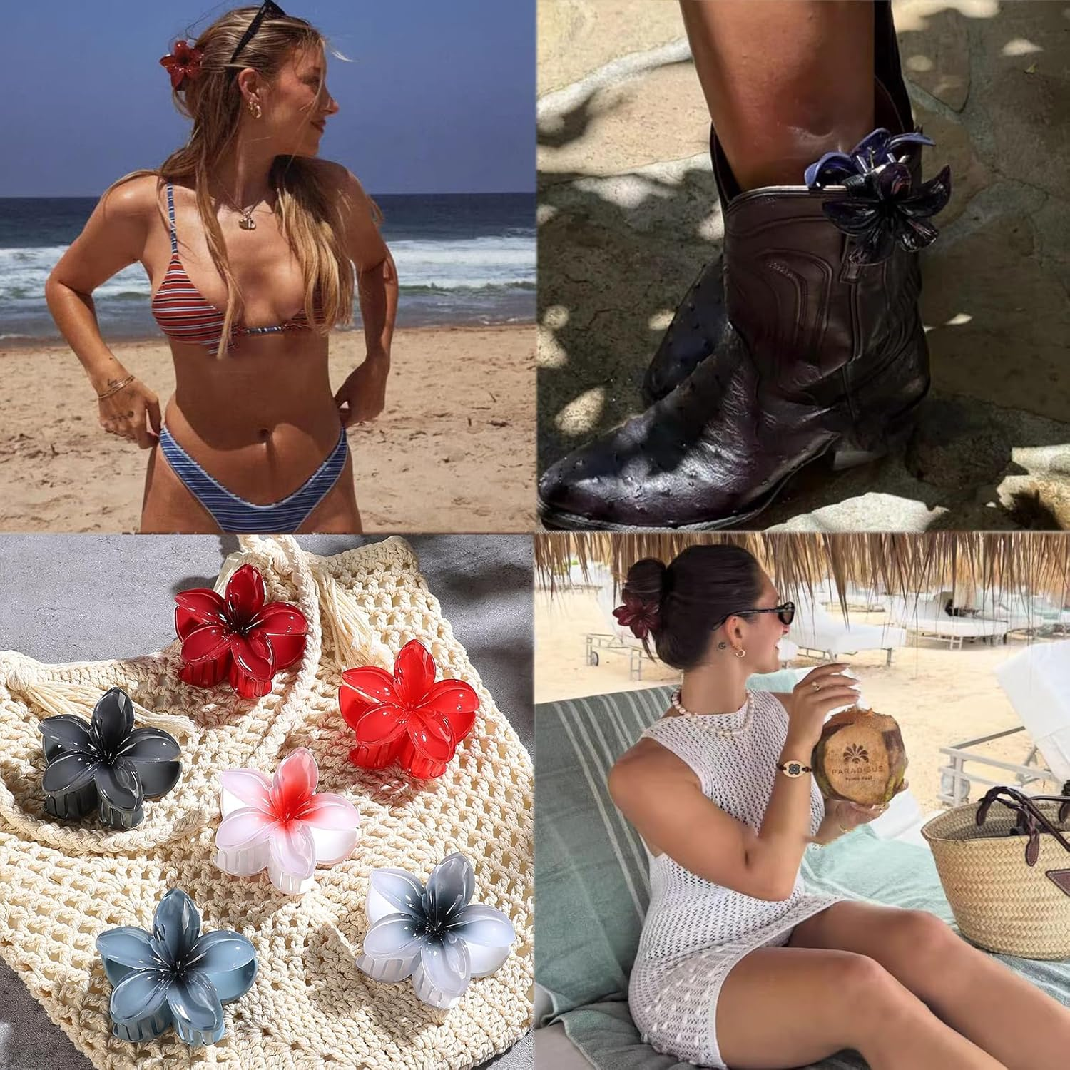 Flower Hair Claw Clamp for Women Large Hawaiian Flower Clip for Thin Thick Curly Hair (Black, White, Red) image number 1