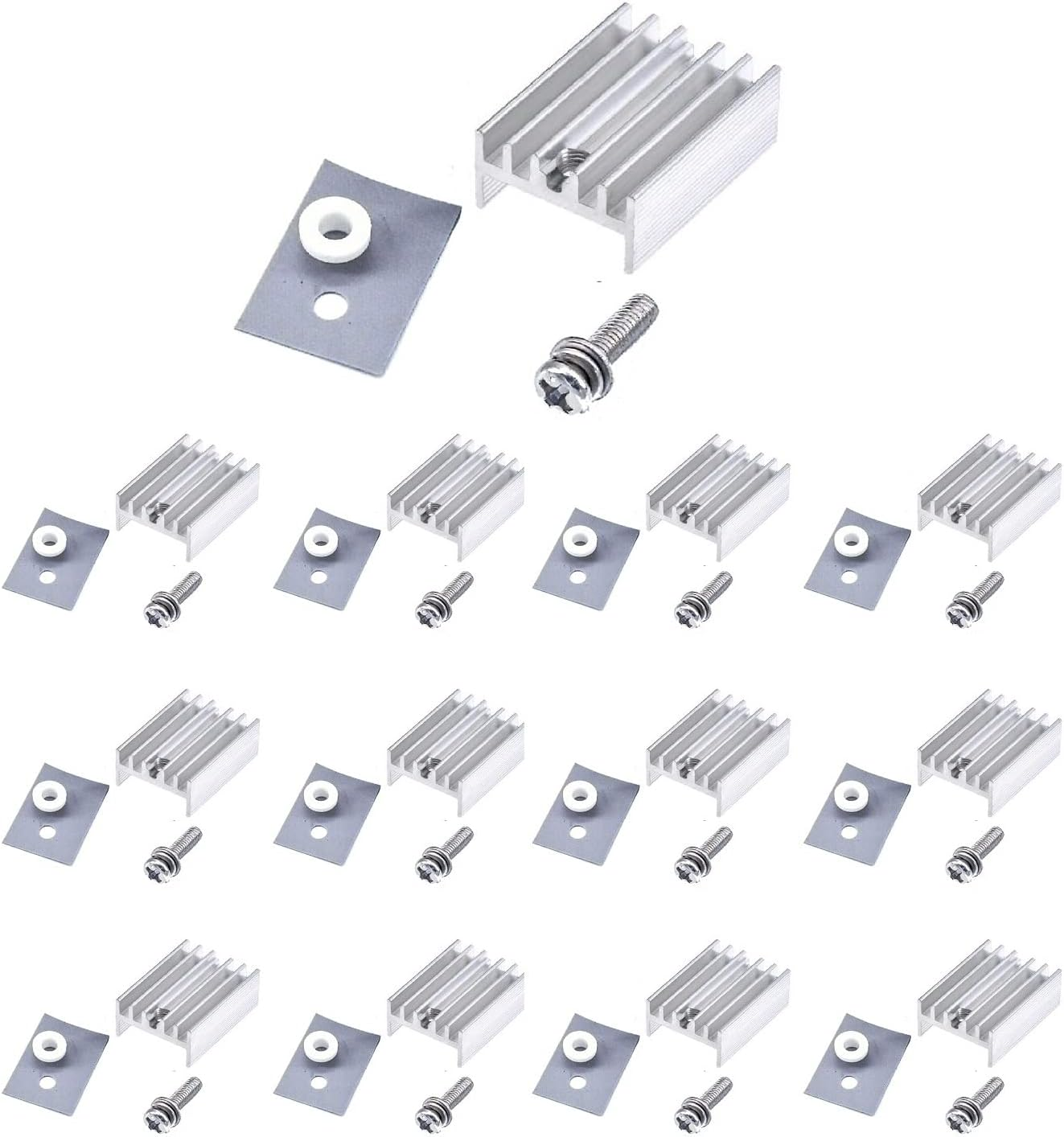 Easycargo TO-220 Heatsink + Insulator/Mounting Kits (Screw+Washer+Bushing+Insulator Rubberized Silicone+ Heatsink TO-220) for LM78XX Voltage Regulator, MOSFET Transistor (Silver 12 Pack)