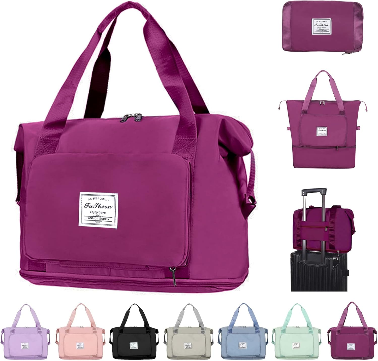 Large Capacity Folding Travel Tote Bag, Oxford Fabric Waterproof Lightweight Foldable Travel Duffel Bag, Portable Expandable Travel Bag, Dry and Wet Separation Carry on Bag for Airplanes, Black,