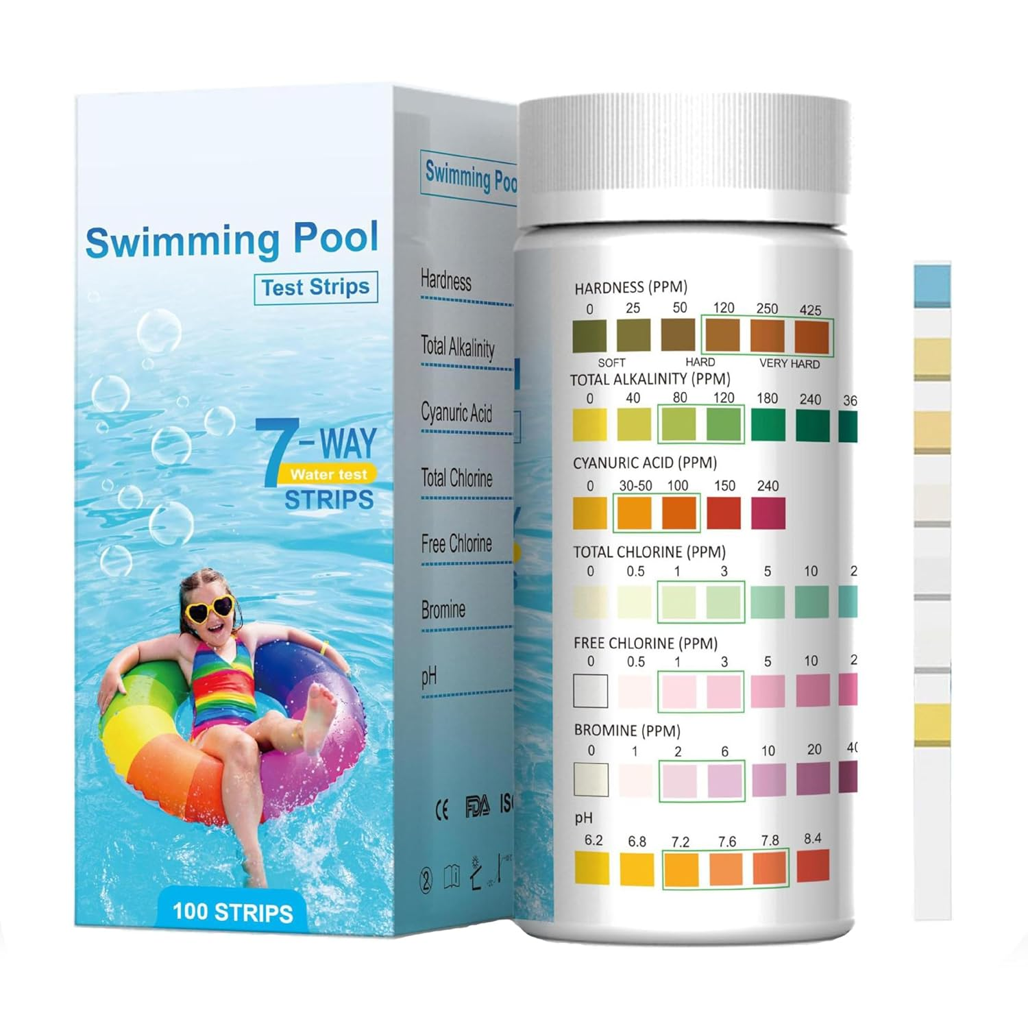 Pool Test Strips 7 in 1, 100 Strips Pool & Hot Tub Test Kit Strips, Water Quality Testing for Chlorine, Bromine, Ph, Hardness, Alkalinity and Cyanuric Acid image number 6