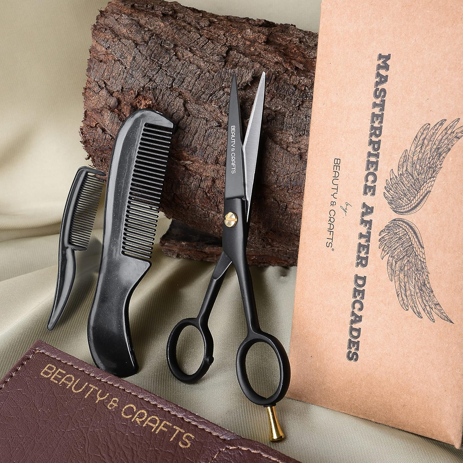 Beauty & Crafts- 5'' German Beard Mustache Scissor- 2 Mustache Combs for Facial Hair with Beautiful Pouch - Beard Trimming Scissors Use for Grooming, Cutting, and Styling of Mustache (Black) - Black With Tweezer image number 5