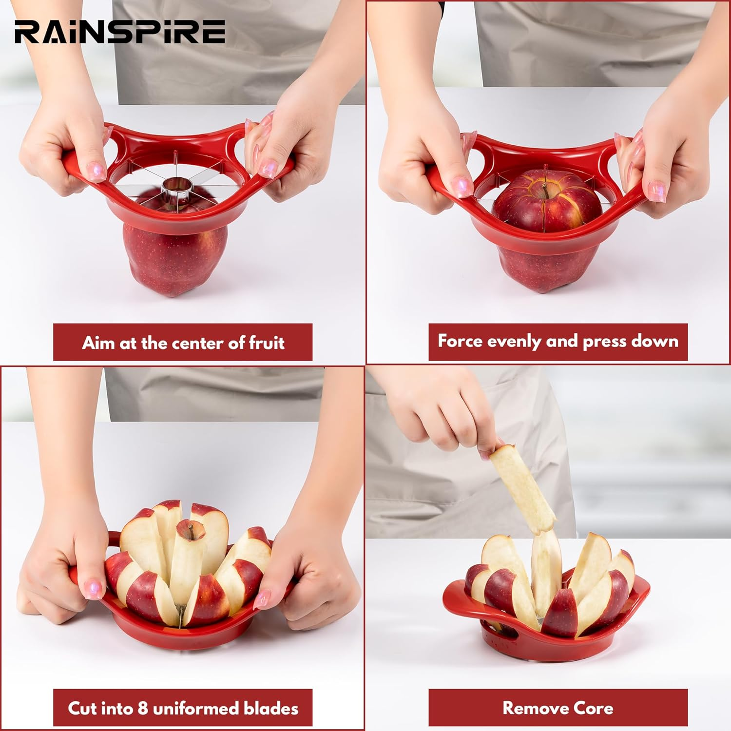 Rainspire Apple Cutter 8 Slices, 8 Blade Apple Slicer and Corer, Apple Corer Tool with Stainless Steel Blades, Super Sharp Fruit Cutter Fruit Slicer, Red image number 5