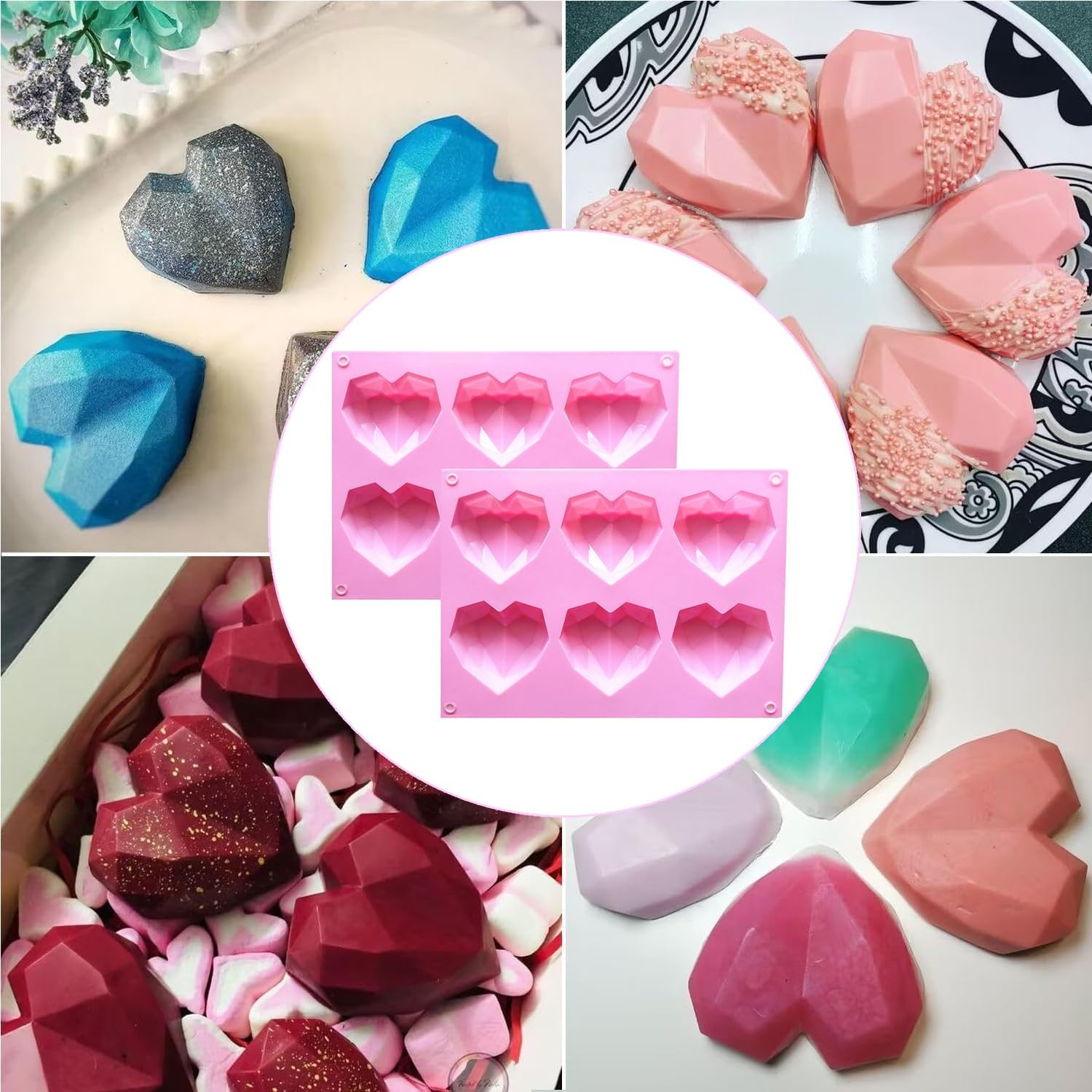 2 Pcs 3D Diamond Heart Silicone Mold, 6 Cavity Silicone Chocolate Moulds, Non Stick Chocolate Mould Baking Dessert Molds for Chocolate, Pudding, Jelly, Ice Cubes, Soap image number 5