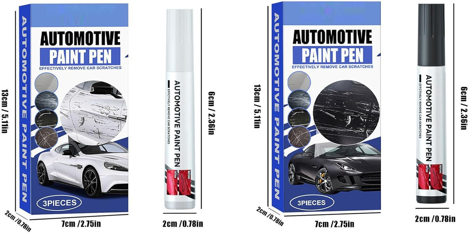 POKITA X 2 in 1 Car Touch up Paint Pen Set (3 PCS) &ndash; Exact Color Match for Black & White Cars, Quick Fix for Scratches & Paint Damage, Waterproof, Quick Drying & Safe, Upgraded Soft Pen Tip (BLACK)