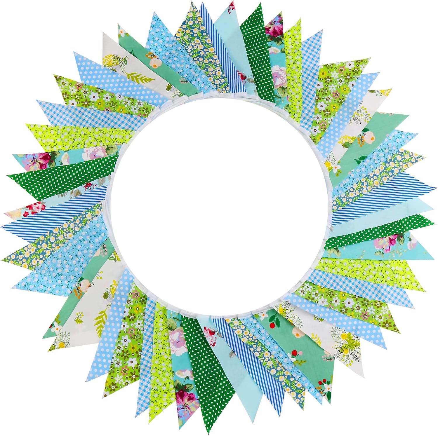 15M/50Ft Fabric Bunting Flag 48 Pieces Vintage Cotton Floral Fabric Bunting Outdoor Waterproof Reusable Festival Flags for Baby Shower Party Christmas Birthday Garden Decorations(Green and Blue) image number 3