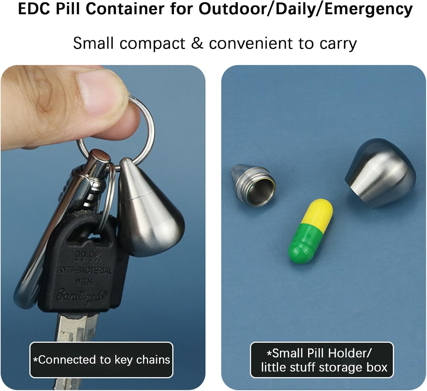 Small Drop-Shaped Pill Box Organiser, Waterproof Keychain Pill Holder, Stainless Steel Pill Container for Travel Pocket Purse, Unique Pendant for Necklace, Portable EDC Pill Case with Keyring for Outdoor/Daily/Emergency (Teardrop) - Teardrop image number 4