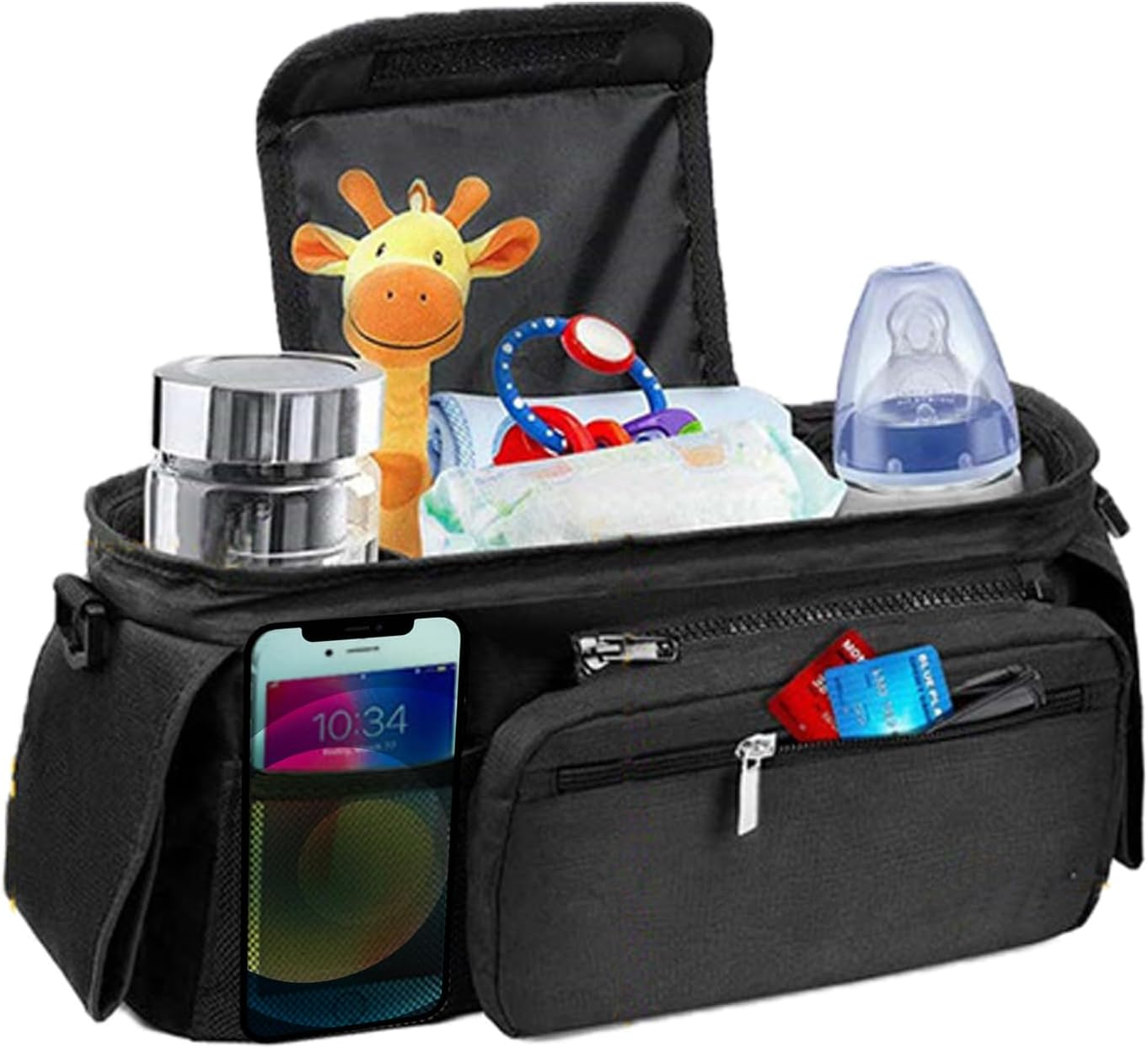 Anfylife Unversal Stroller Organizer with 2 Insulated Cup Holders, Adjustable Hook + Strap, 8-Pocket Diaper Caddy & Wipe Dispenser, Suitable for Newborns and New Parents,Black image number 4