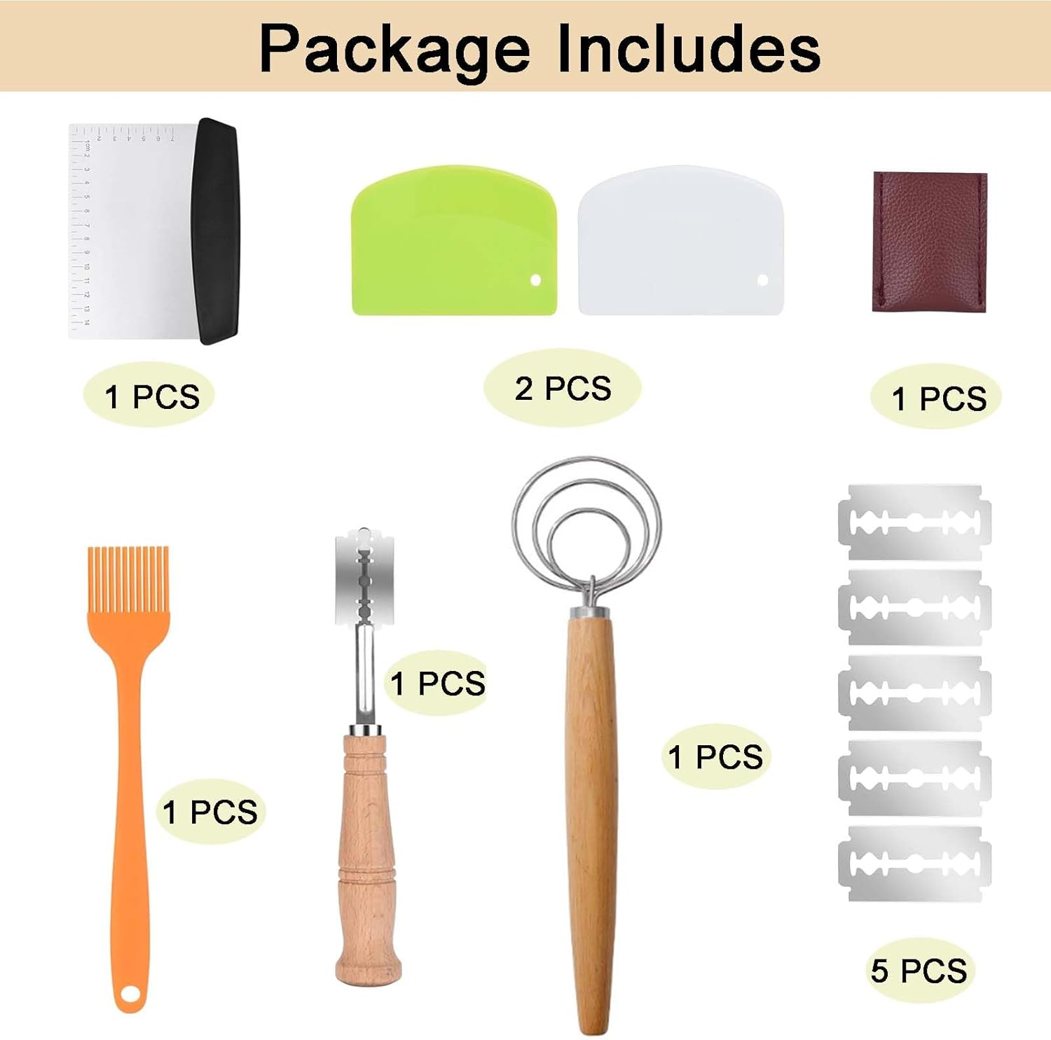 Sourdough Starter Kit,Sourdough Bread Baking Supplies with 9.8'' round and 9'' Oval Banneton Bread Proofing Basket,Dough Whisk,Bread Lame,Metal Scraper and Silicone Brush image number 5