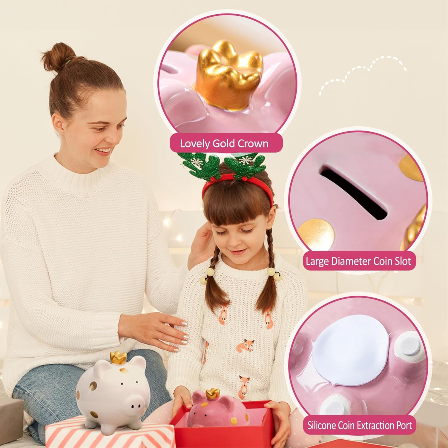 ATDORO 1 Pack Piggy Bank for Girls, Small Ceramic Money Saving Bank for Boys, Porcelain Decor Coin Box, Little Decoration Pig Money Container (Pink) image number 1