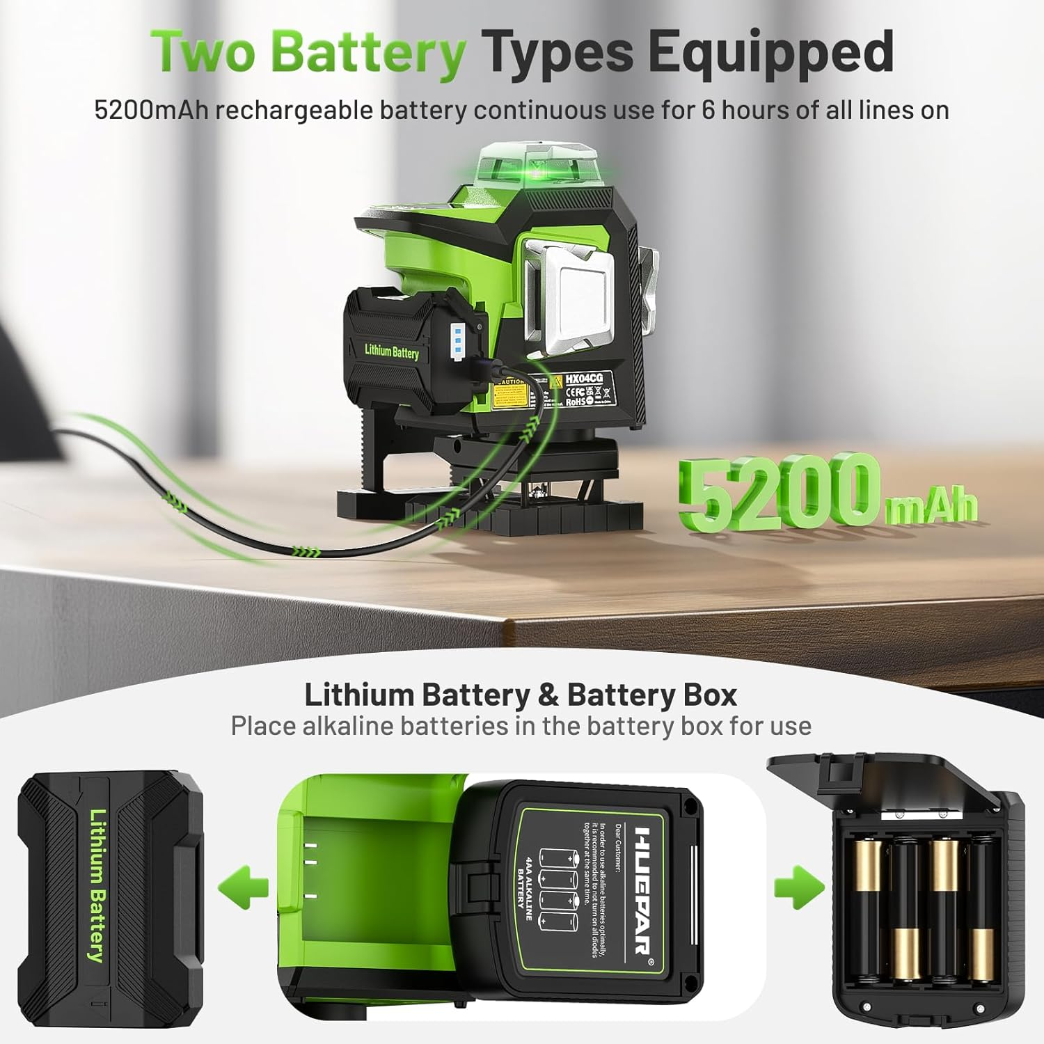 Huepar 4 X 360 Laser Level with LCD Display, Self-Leveling 16 Green Cross Line Professional Levels Laser with Pulse Mode, Rechargeable Lithium and Alkaline Batteries, IP54, 4 Laser Modes image number 3