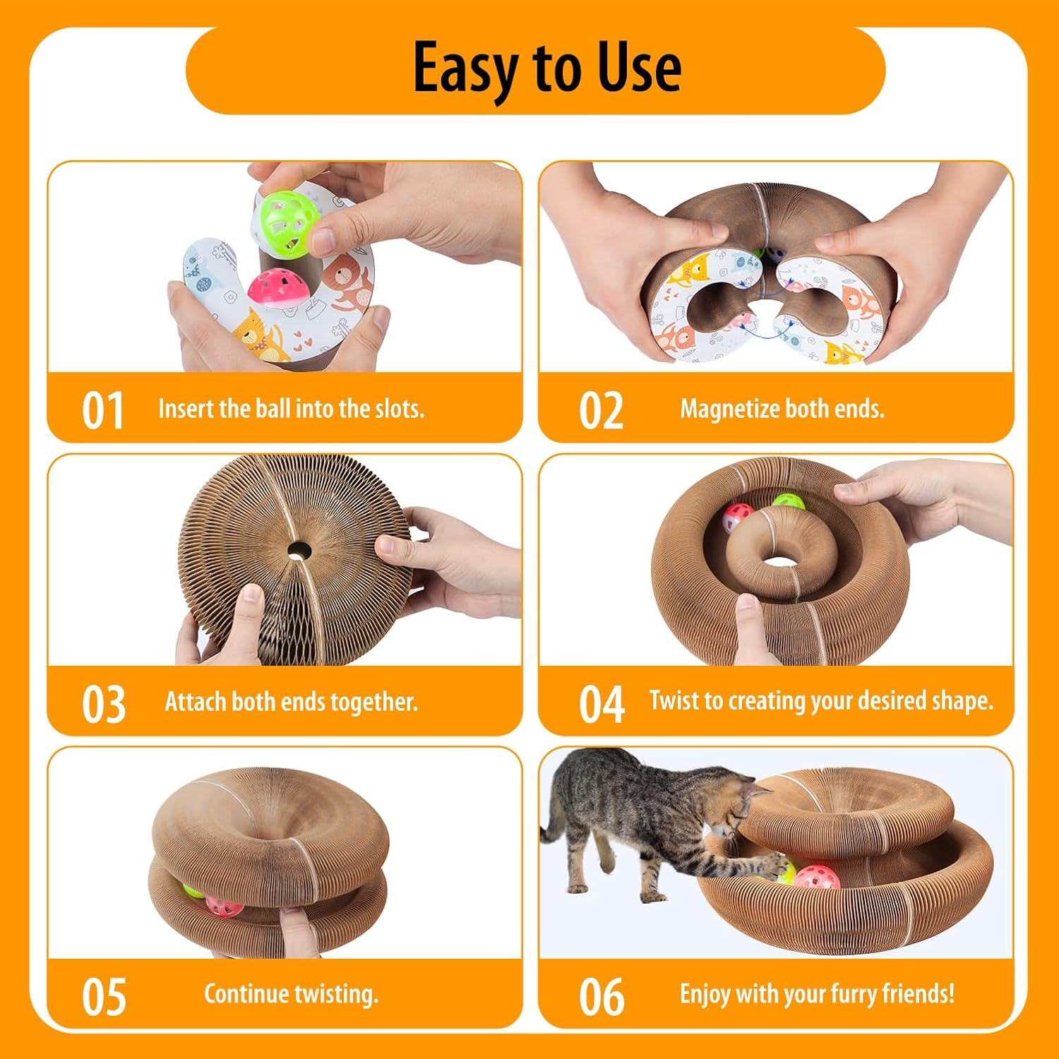 Bonitacrylic 2 PCS Kitty Kurlz Cat Toys, Magic Accordion Scratching Board, Interactive Organ Toy with One Balls, Enrichment Scratcher Mat for Kitten Bed Made of Cardboard image number 2