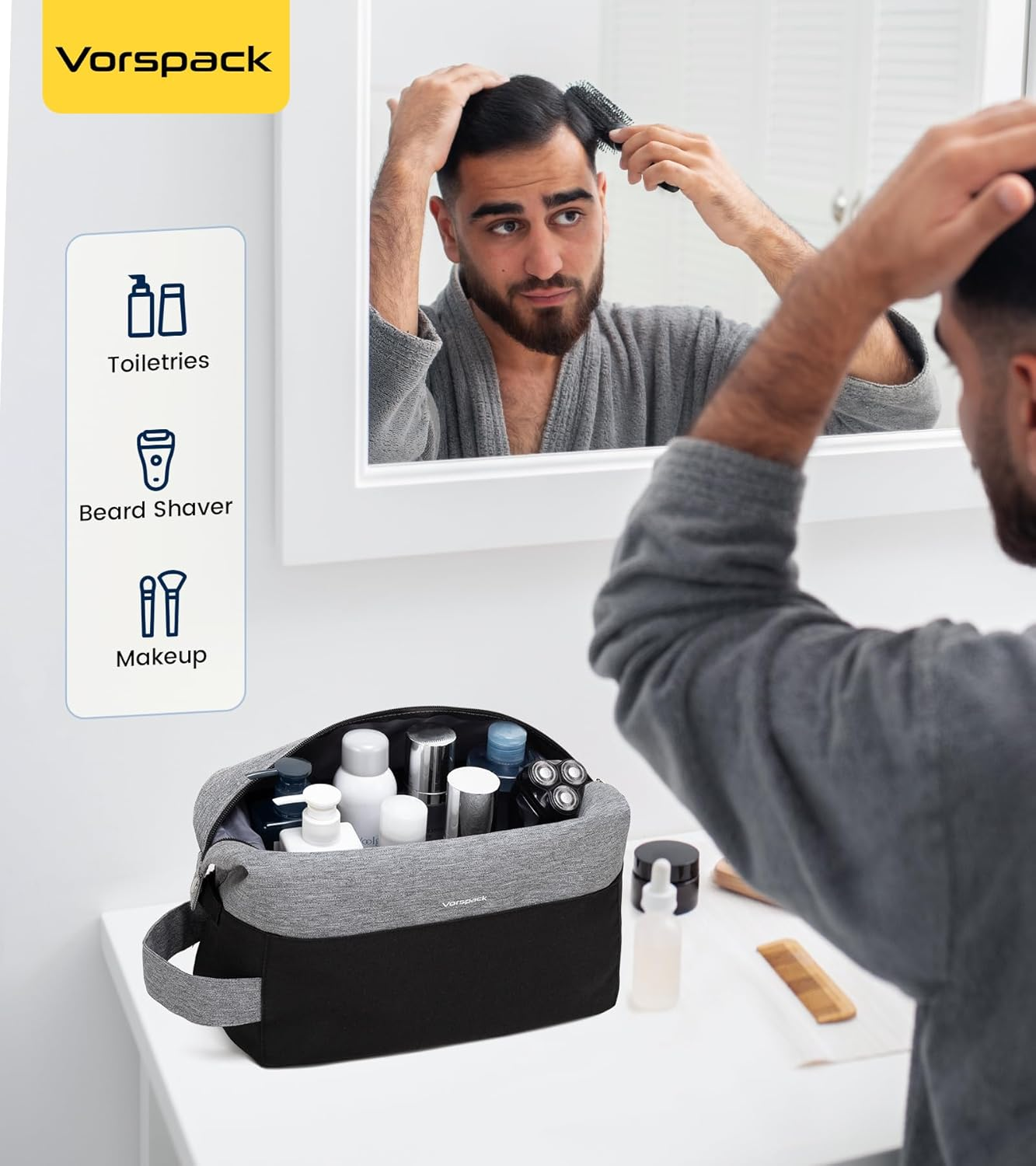 Vorspack Travel Toiletry Bag for Men - Lightweight Mens Toiletry Travel Bag Water Resistant Dopp Kit Shaving Bag, Black, Large image number 4