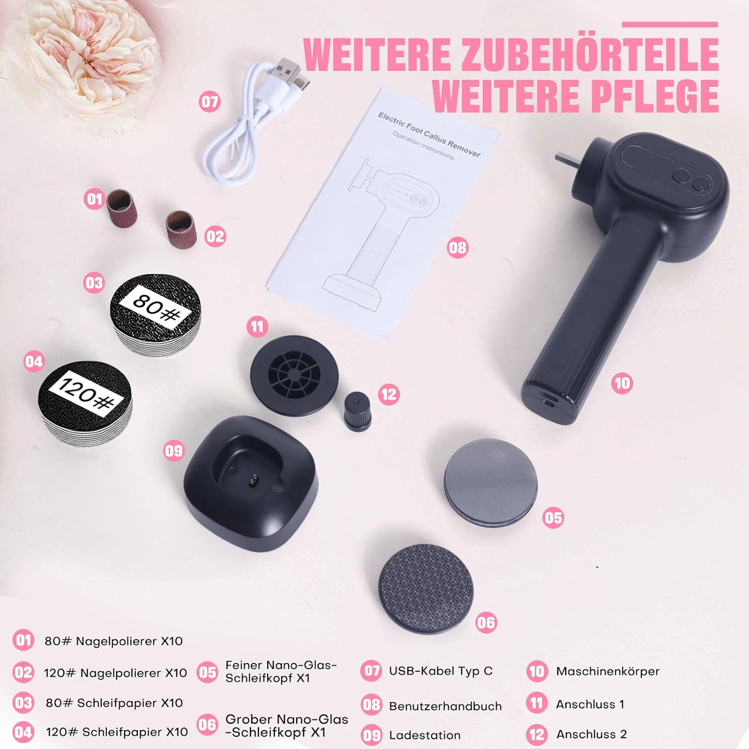 Bostar Electric Callus Remover, 6 Speeds, 3-In-1 Professional Callus Removal, Foot Care, Nail Care, Pedicure Set with 2 Nano Glass/40 Replacement Pads for Dead Hard Skin Women (White) image number 5