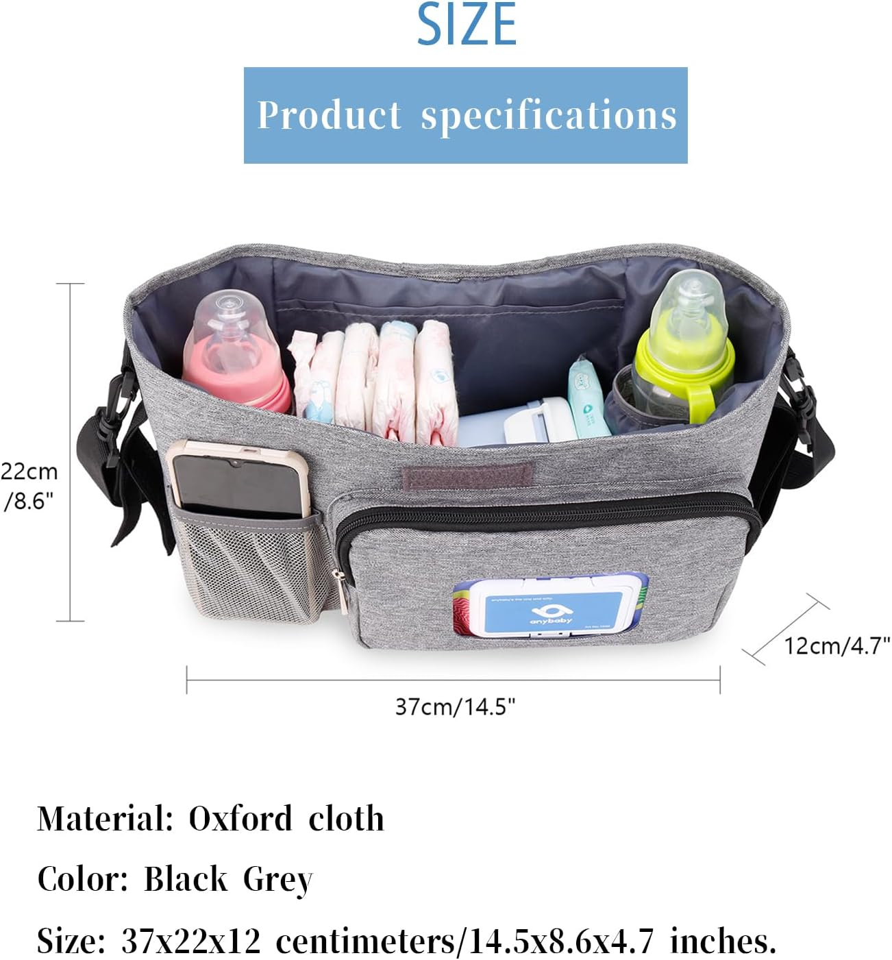 Baby Stroller Organizer with Cup Holders, Universal Stroller Accessories Caddy Storage Bag with Detachable Bag & Shoulder Straps for Carrying Diaper, Phone, Keys, Toys & Snacks (Balck) image number 4