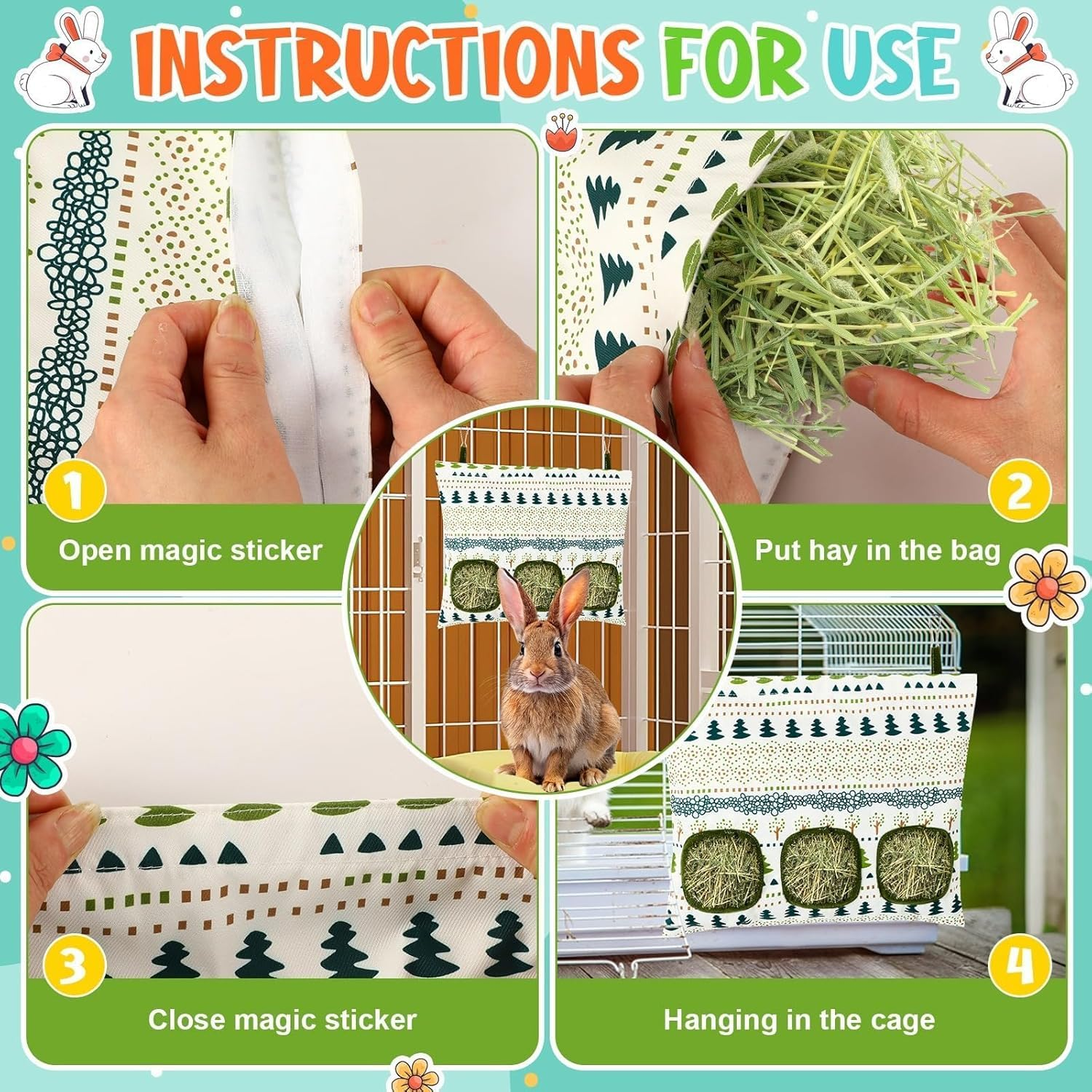 2 Pcs Rabbit Hay Feeder Bag, Small Animal Hay Feeder Holder with 3 Pockets, Guinea Pig Hay Feeder,Hay Dispenser Storage Manger for Rabbit Guinea Pig Hamsters Chinchilla Small Pets image number 1