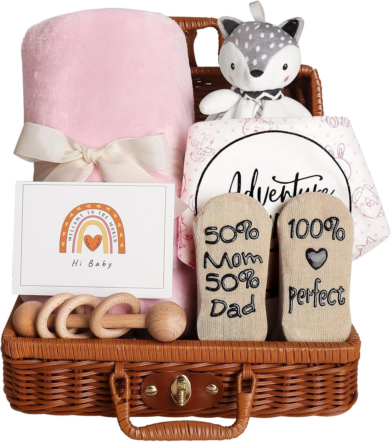 Baby Gift Basket - Shower Gift Basket | Sets with Baby Blanket Rattle | Includes Blanket, Socks, Doll, Rattle, Triangular Towel & Greeting Card &ndash; Perfect Babies Shower Set for New Parents image number 5