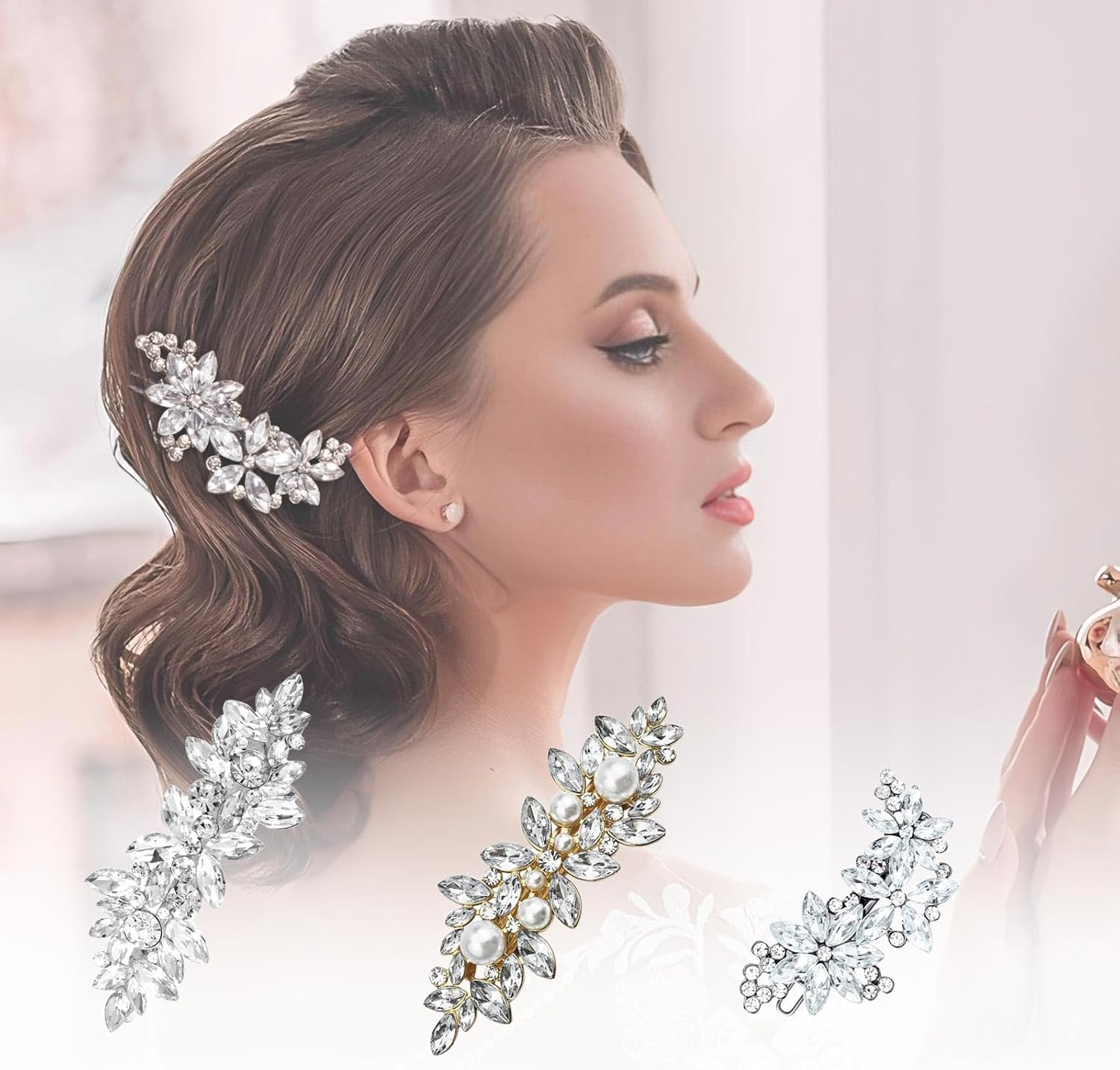 YUBBYSTU 3 Pcs Rhinestone Hair Clips, Pearl Hair Clip Flower Hair Barrettes Leaf Bridal Pins Crystal Decorative Headwear Accessories with Spring Clips for Women Girls Bridesmaid image number 2