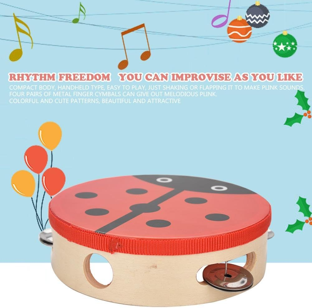 Handheld Tambourine, Cute Patterns 15Cm Tambourine Wood, Parties and Kids Games for Sing or Dance Accompaniment(Beetle) image number 1