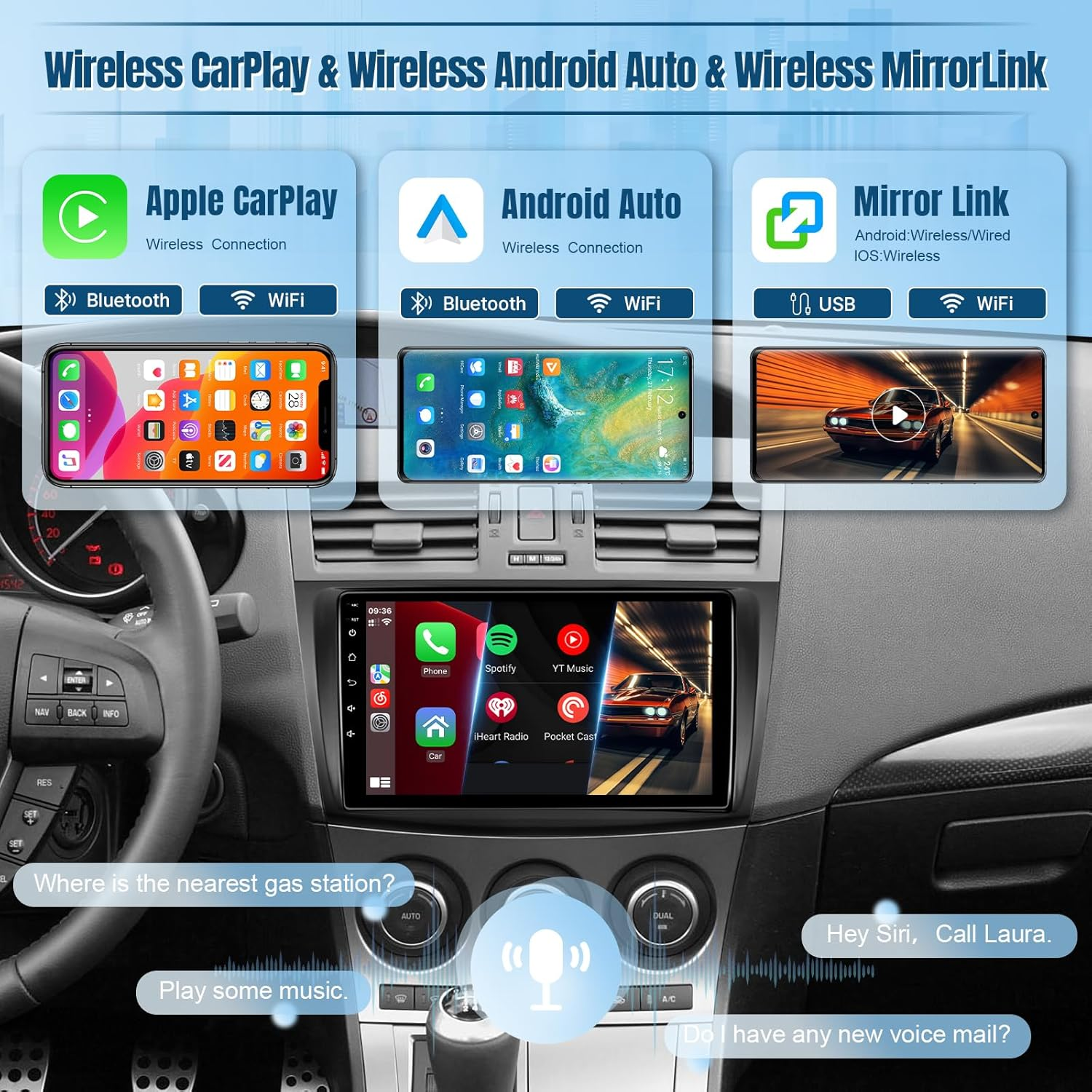 Naifay Android Car Radio for Mazda 3 2009 2010 2011 2012 2013 with Wireless Carplay Android Auto, 9Inch IPS Touch Screen for Mazda 3 Car Stereo with Bluetooth/Gps/Wifi/Swc/Split Screen/Backup Camera image number 3