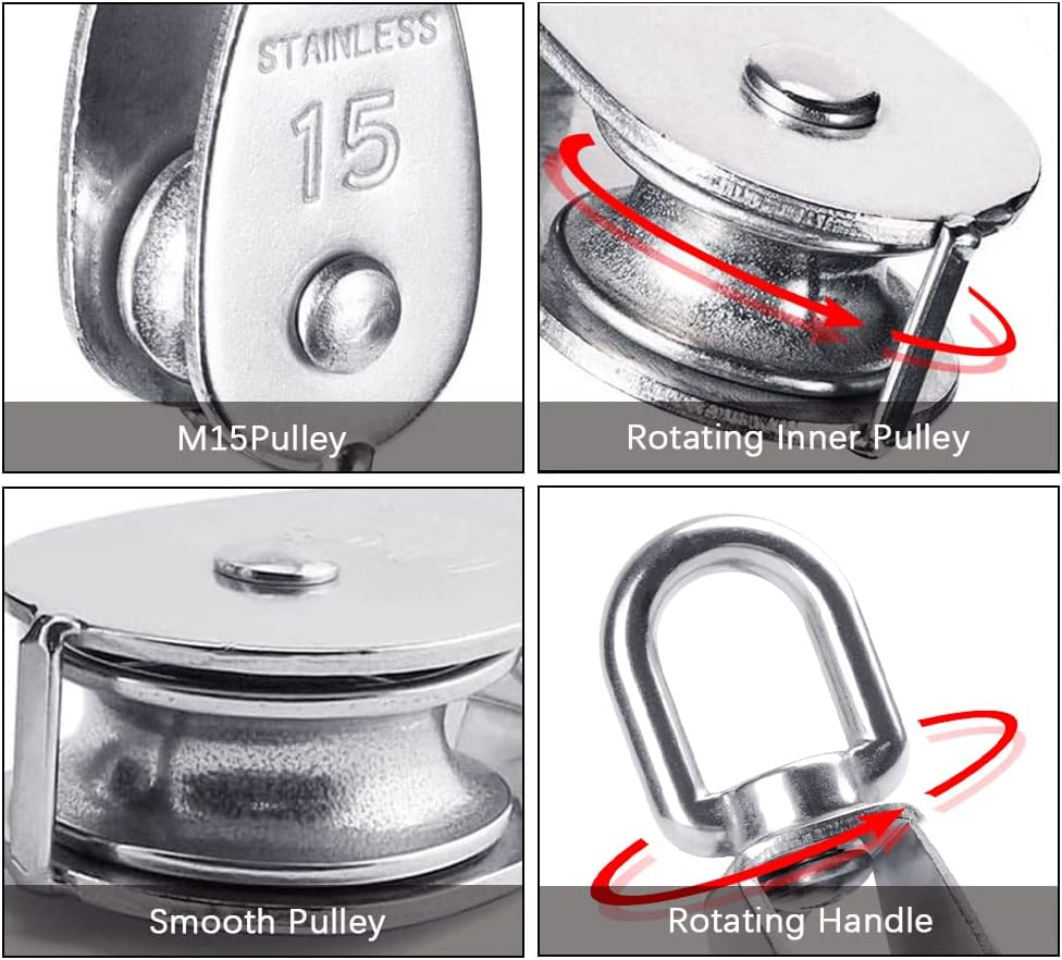 10 PCS M15 Single Pulley Blocks, Heavy Duty Roller Crane Pulley Accesseries Swiveling Wire for Lifting 250Kg/551Ibs 304 Stainless Steel(M15) image number 6