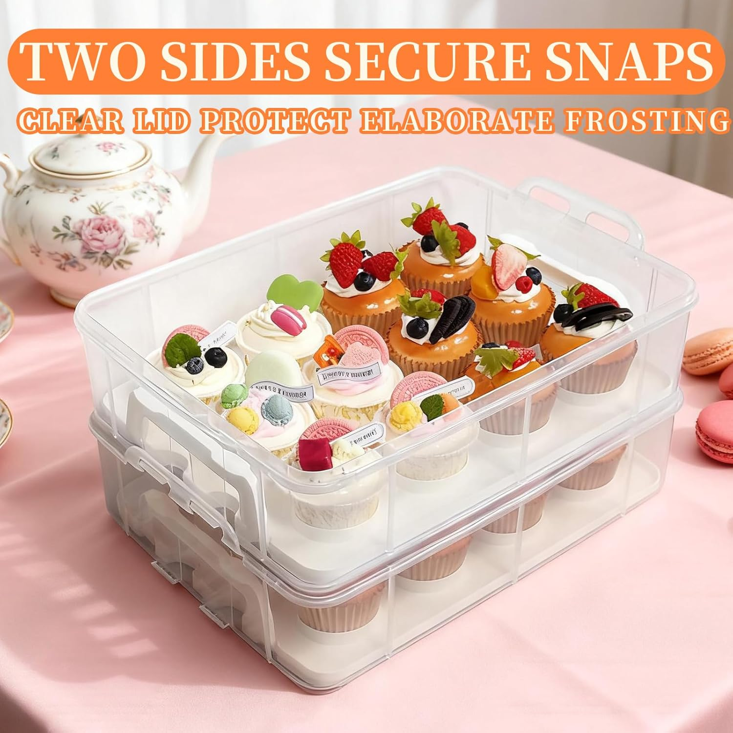 NNAKLLI Plastic Cupcake Carrier, Stackable Cupcake Holder Carries with Lid & Handles, Fruits, Cookie, Cake, Cupcake and Brownie Storage Carrier, Reusable Cupcake Boxes (Transparent, 24 Holders) image number 3