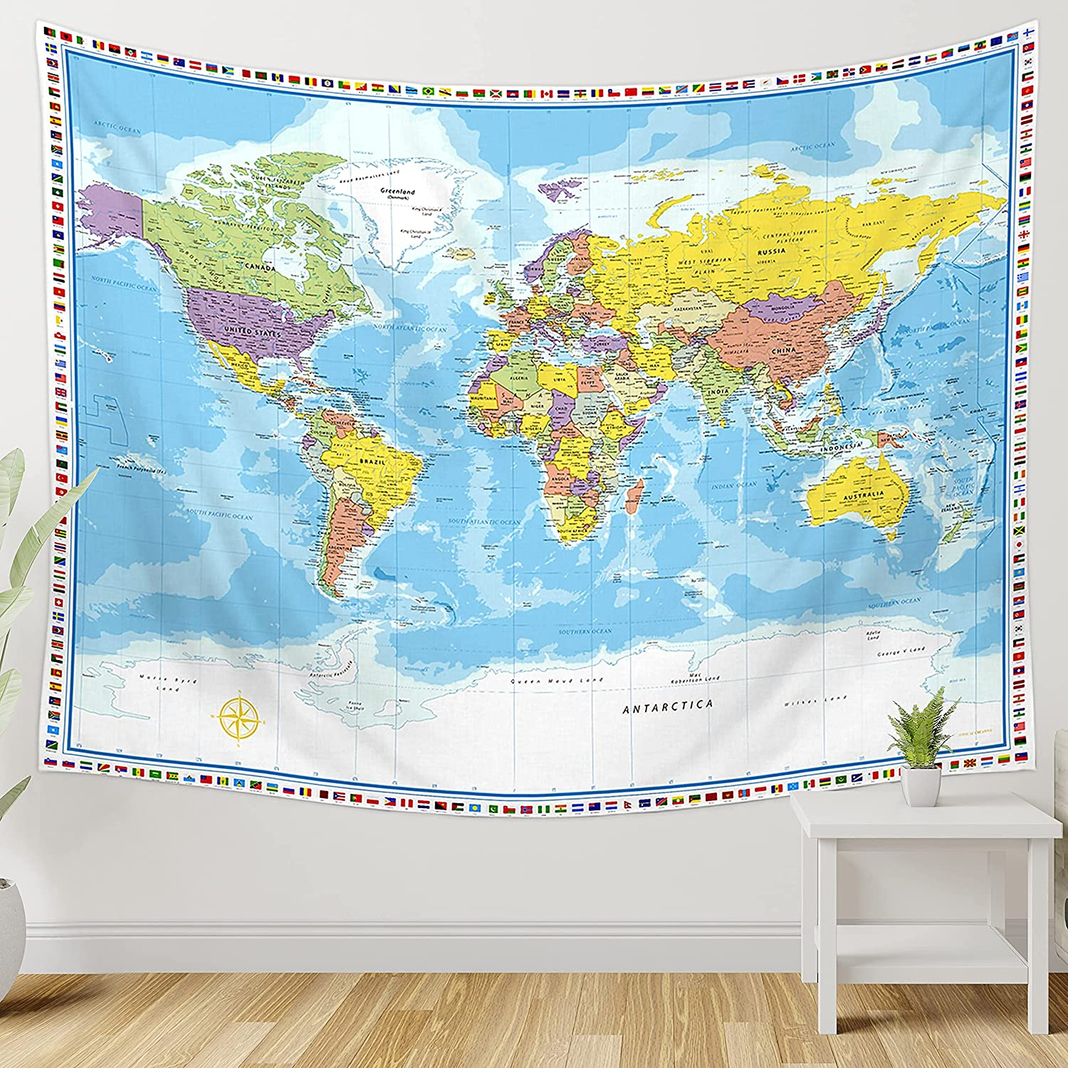 Large World Map Tapestry - Wall Hanging with Country Flags for Kids' Room, Classroom Decor - 60X80 In image number 4