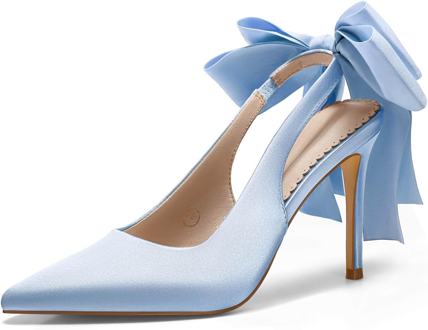 Coutgo Womens Slingback High Heels with Bow Closed Pointed Toe Wedding Bride Dress Shoes Satin Pumps