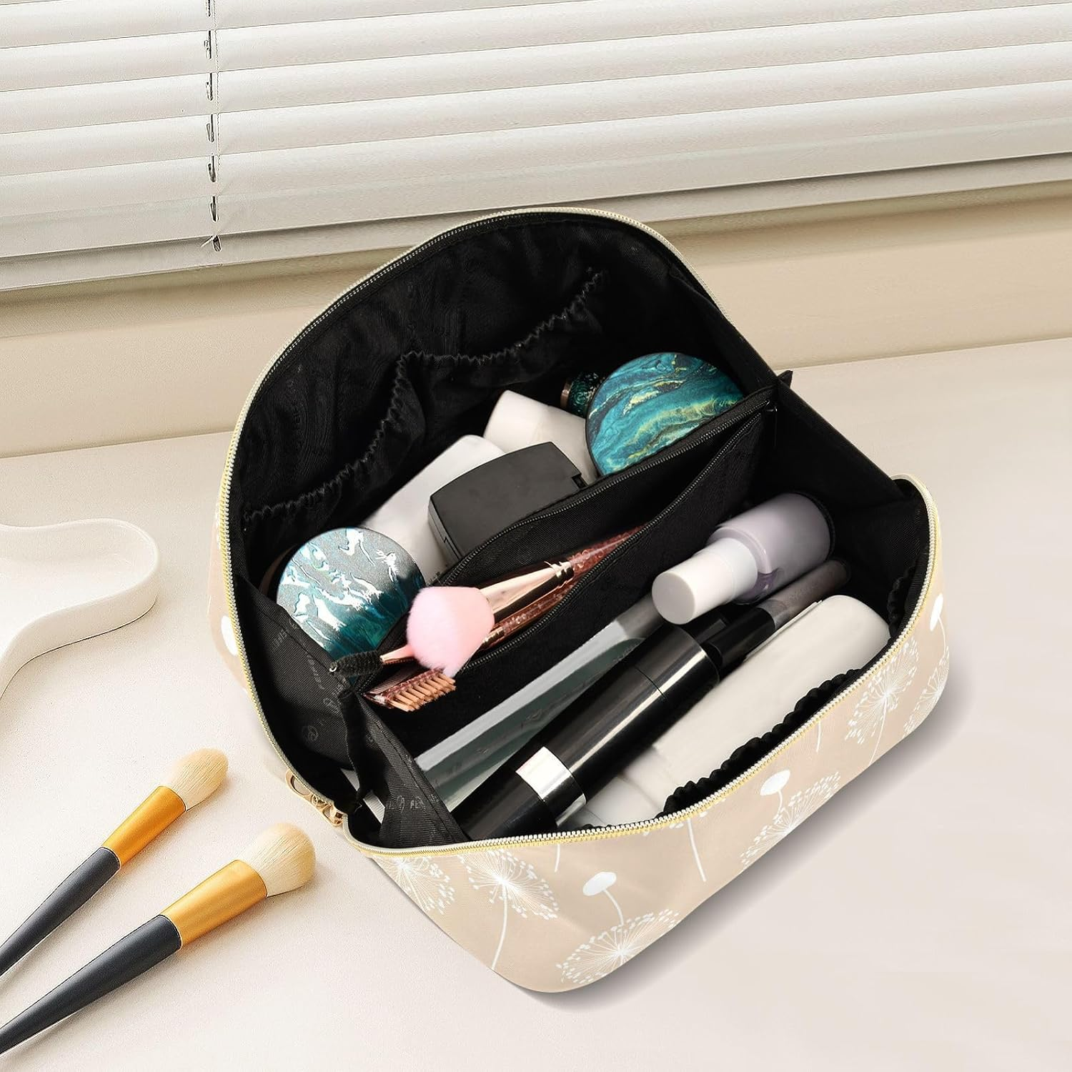 Yoogain Dandelion Camel Makeup Bags with Dividers Large Capacity Travel Cosmetic Bag with Compartments & Handle image number 3