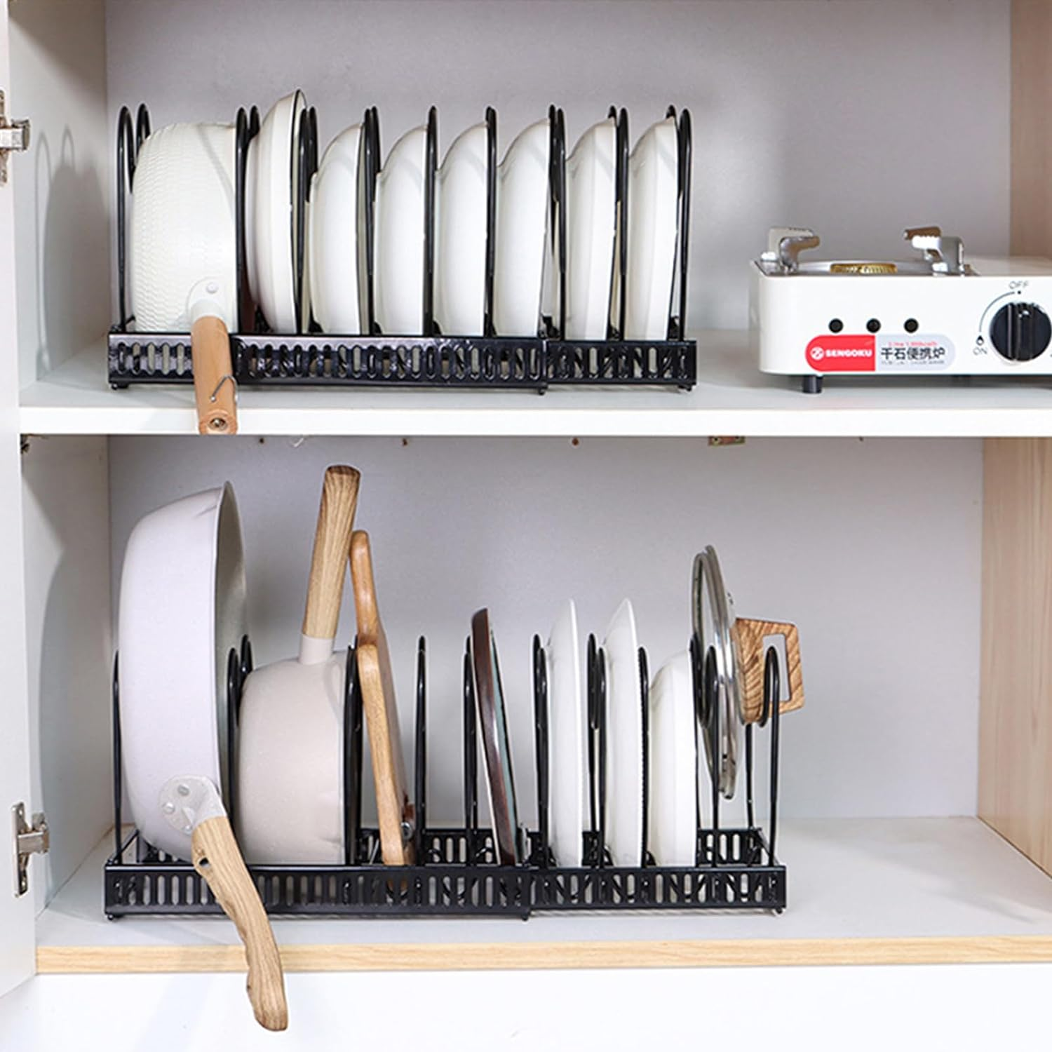 Expandable Pans Organizer Rack,10 Adjustable Compartments Pot Rack Organizer Bakeware Lid Organizer Rack Holder for Kitchen Cabinet Pantry Restaurant,Black