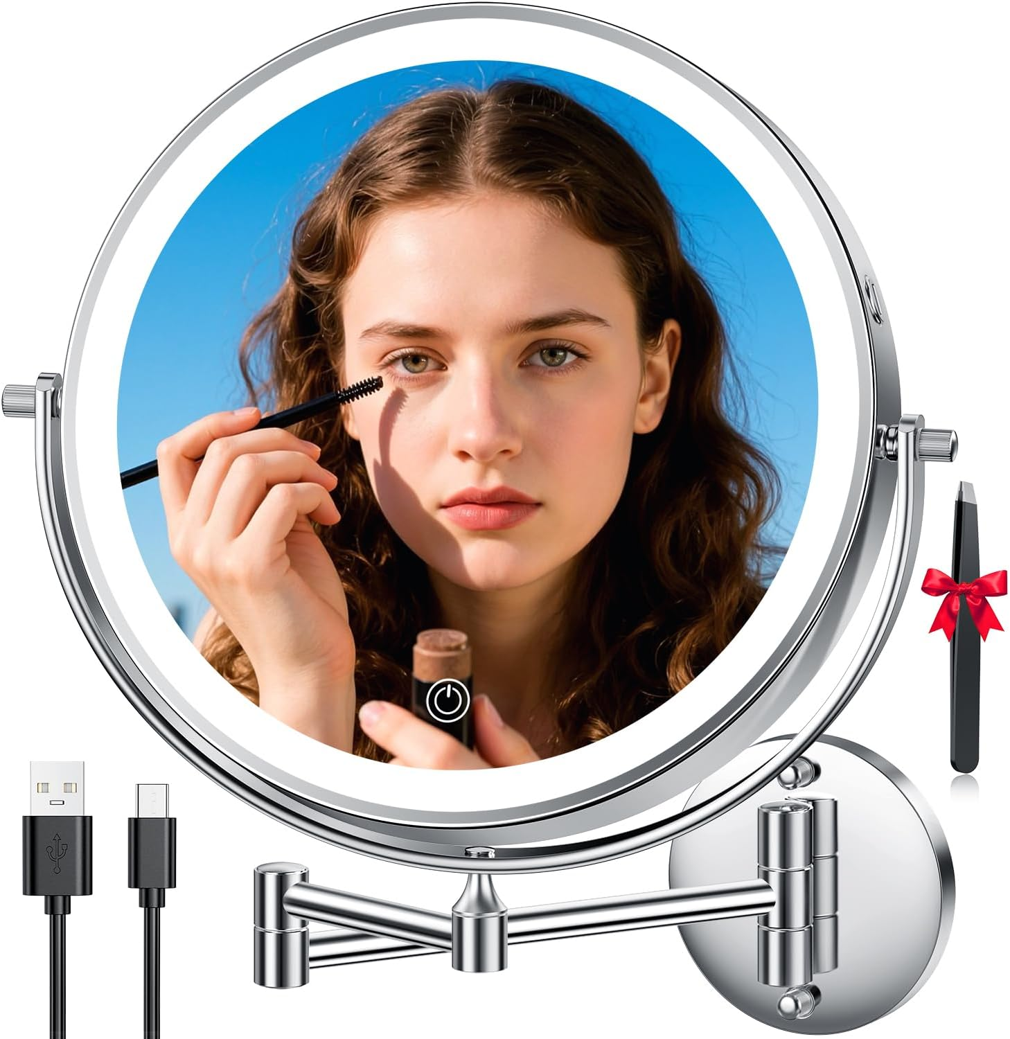 Auxmir Make-Up Mirror with Light, 1X/30X Rechargeable Make-Up Mirror Shaving Mirror Wall Mount, 5000 Mah Double-Sided Magnifying Mirror with 3 Light Colours, Touch Screen image number 4