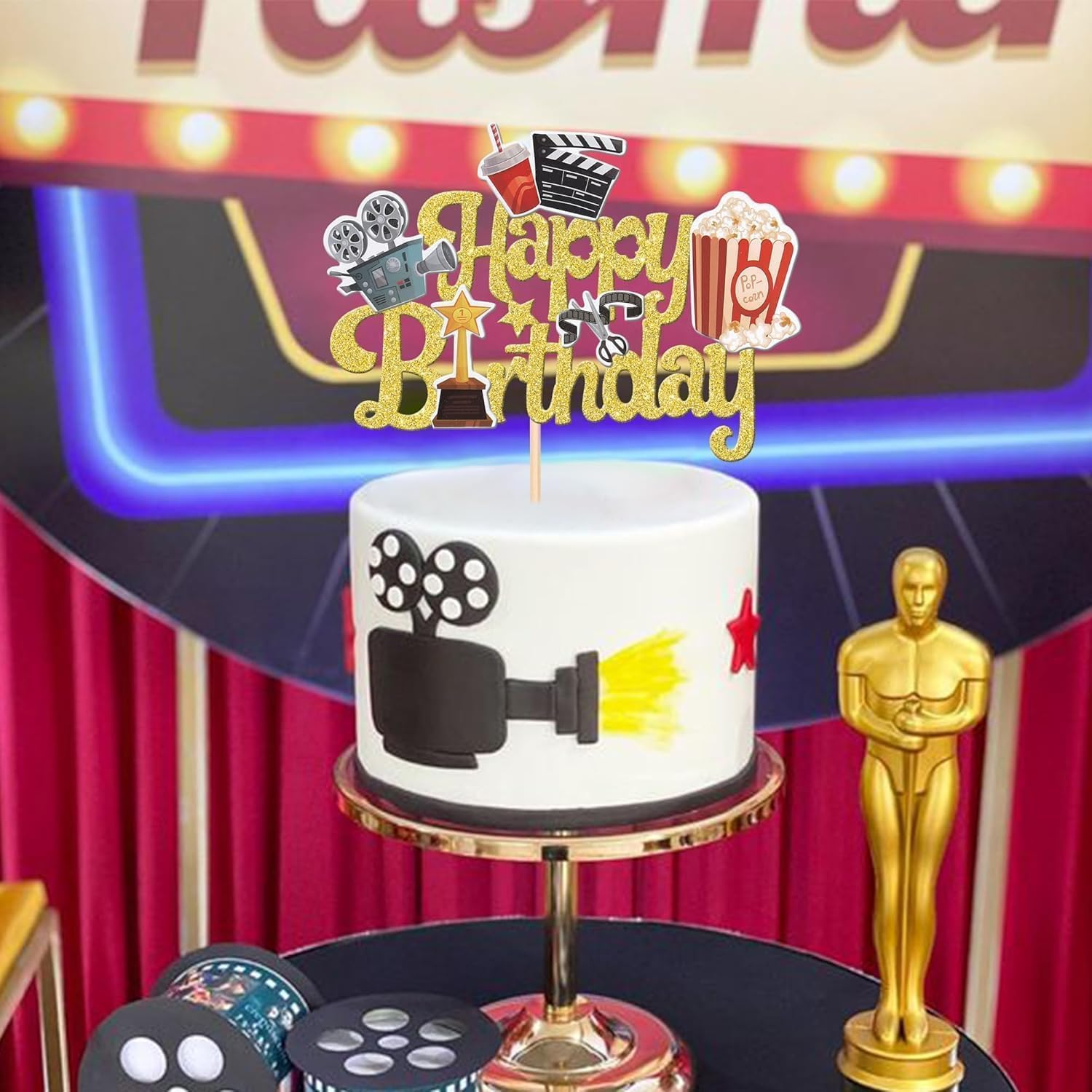 SYKYCTCY 1 Pack Movie Night Cake Topper Happy Birthday Sign Cake Pick Decorations for Theater Video Recorder Roll Camera Popcorn Hollywood Theme Family Film Baby Shower Birthday Party Supplies (Gold) image number 1