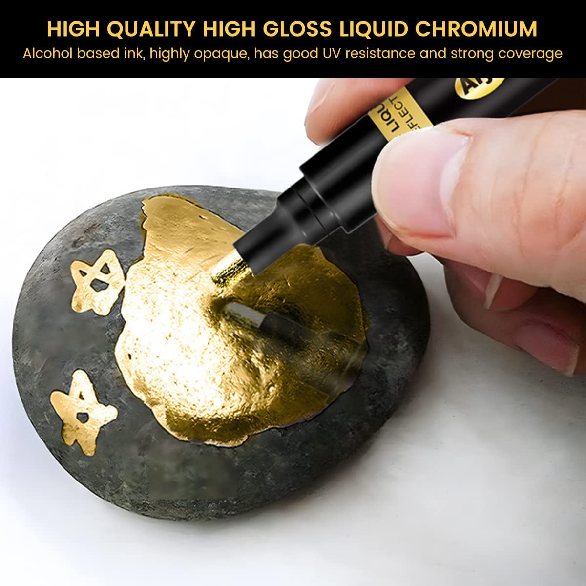 Claumeng 3PCS Liquid Chrome Marker Mirror Paint Pen Set Metallic Marking Markers DIY Art Craft Highlight for Metal Rock Wood Fabric Glass Canvas Width 1Mm to 2Mm (Gold) image number 2