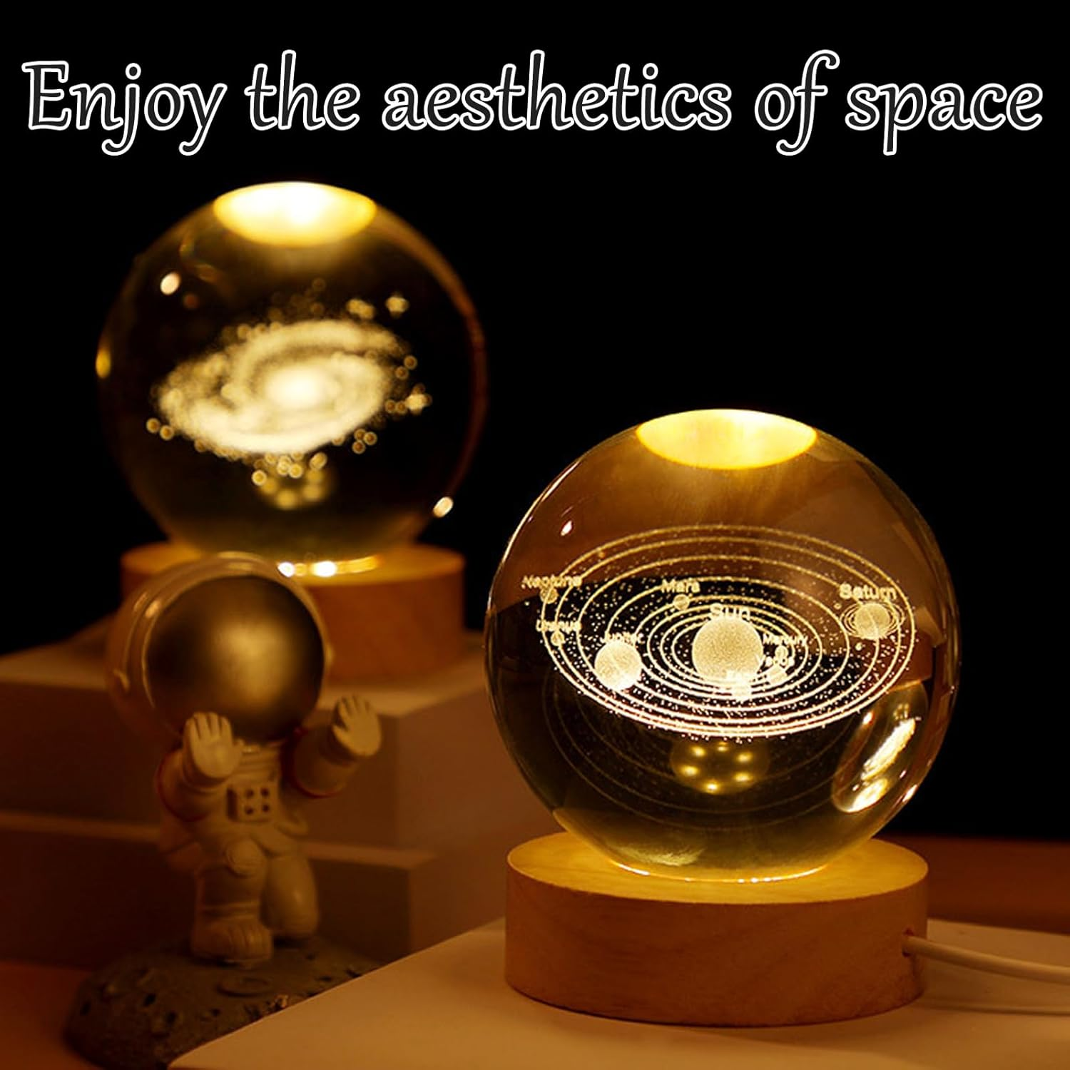 3D Crystal Ball Night Light, USB Moon Planets Solar System Universe Lamp, Glass Ball with Wooden Base - LED Ball for Christmas, Birthday, Valentine'S Day, Astronomy Gifts - Moon-1 image number 5