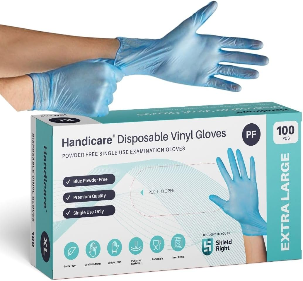Handicare Disposable Blue Vinyl Gloves, Powder-Free, Latex-Free, Non-Sterile, Food Safe, Cleaning, Industrial Grade, Medical Exam image number 1