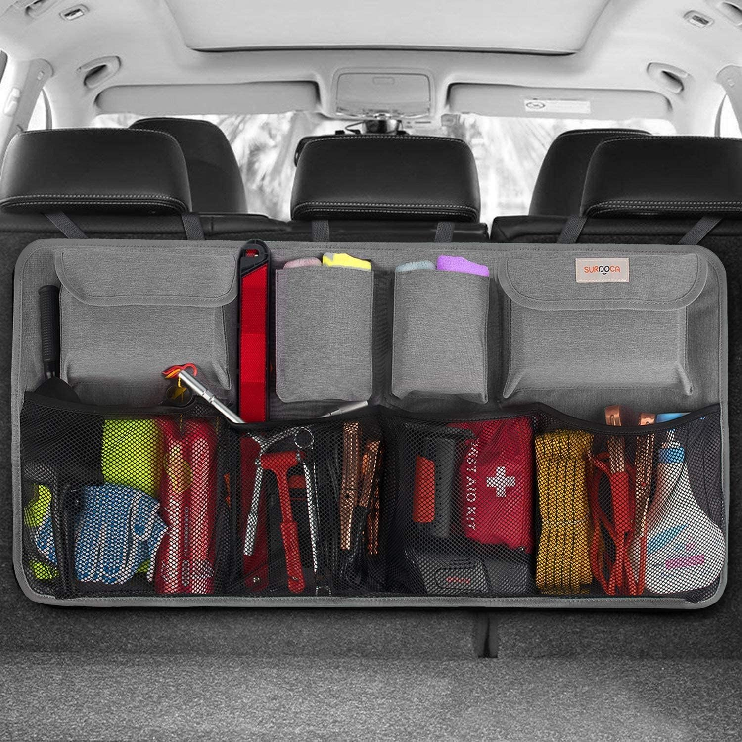 SURDOCA Car Trunk Organizer, 4Rd Gen [8 Times Upgrade] Super Capacity Car Hanging Organizer,Equipped with 4 Magic Stick,Car Trunk Tidy Storage Bag with Lids, Space Saving Expert (Xl-110X48Cm, Grey)