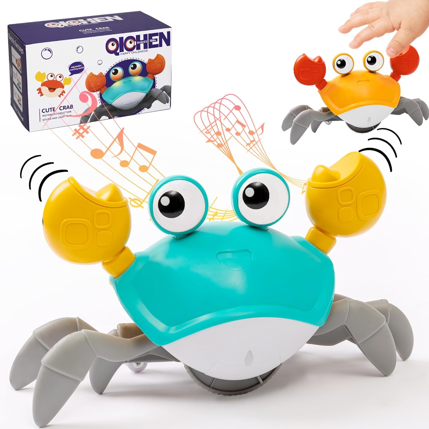 2025 New Crawling Crab Baby Toy, Rechargeable Infant Tummy Time Toys with Music, Lights, 3 Adjustable Speeds＆Silent Function,Crab Crawling Sensory Toy for Toddler, Electronic Pet for Boy Girl (Orange)
