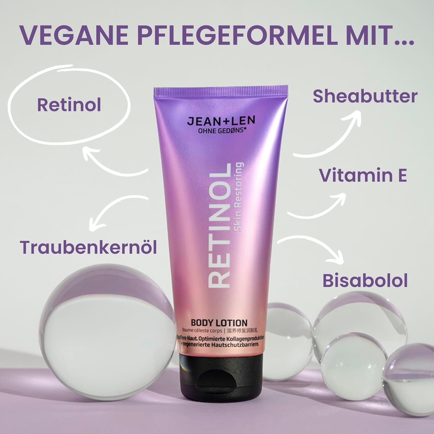 Jean & Len Body Lotion Retinol, with Pure Retinol, Shea Butter & Bisabolol, Smooths Wrinkles, Regenerates the Skin Protection Barrier, for Sensitive Skin, Body Care without Parabens & Silicones, Vegan image number 4