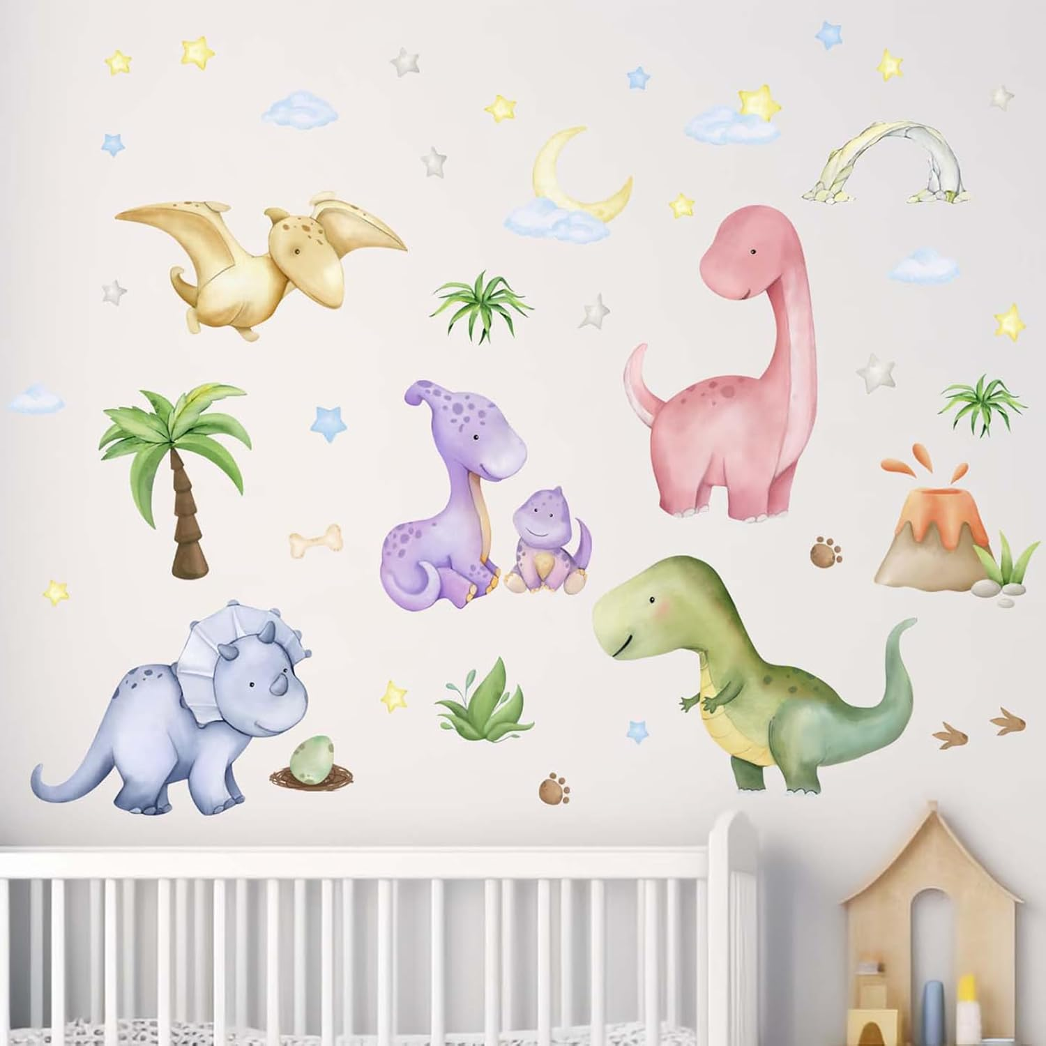 Amimagen Dinosaur Wall Decals - Volcano Cave Dino Eggs Leaf Palm Tree Wall Stickers - Nursery Kids Baby Boys Room Daycare Playroom Classroom Wall Decor image number 1